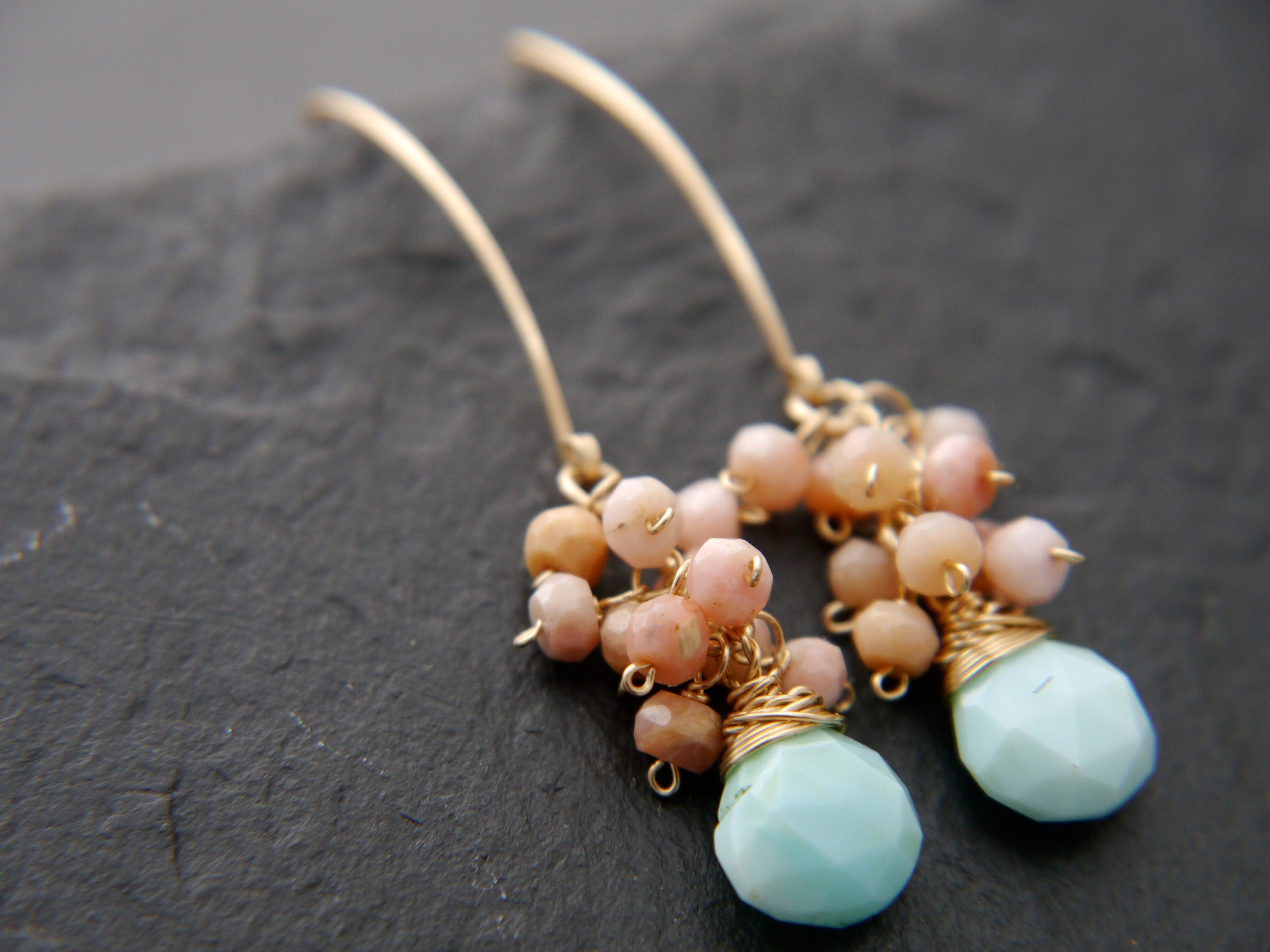 Pink Blue Opal Floral Cluster Gemstone Earrings, 14K Gold Filled Nature Inspired