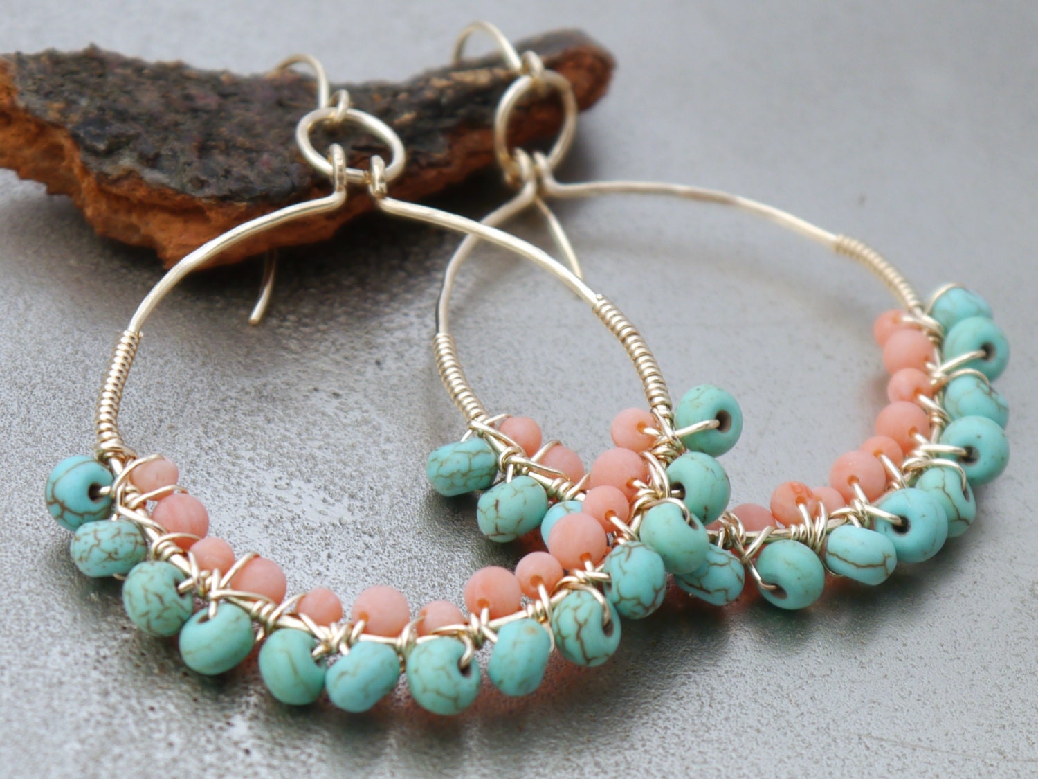 Pink Coral, Turquoise Magnesite Hoop Gemstone Earrings, 14K Gold Filled Boho Chic