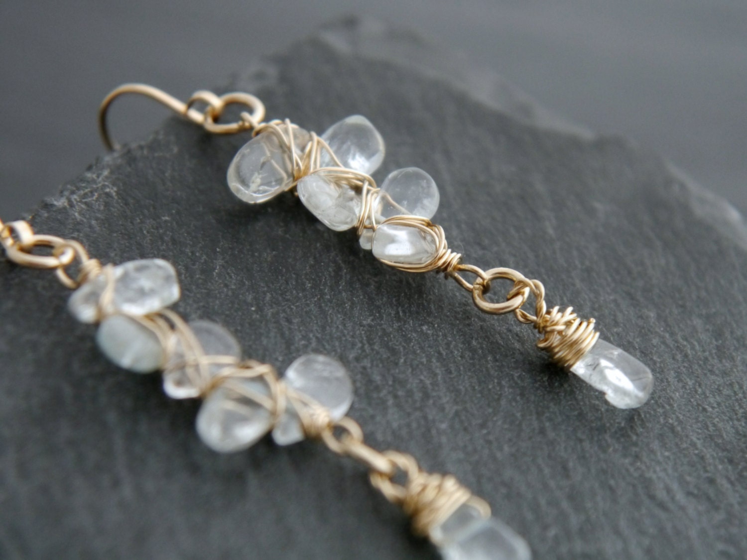 Aquamarine Teardrop Long Dangle Floral Gemstone Earrings, 14K Gold Filled Bridal