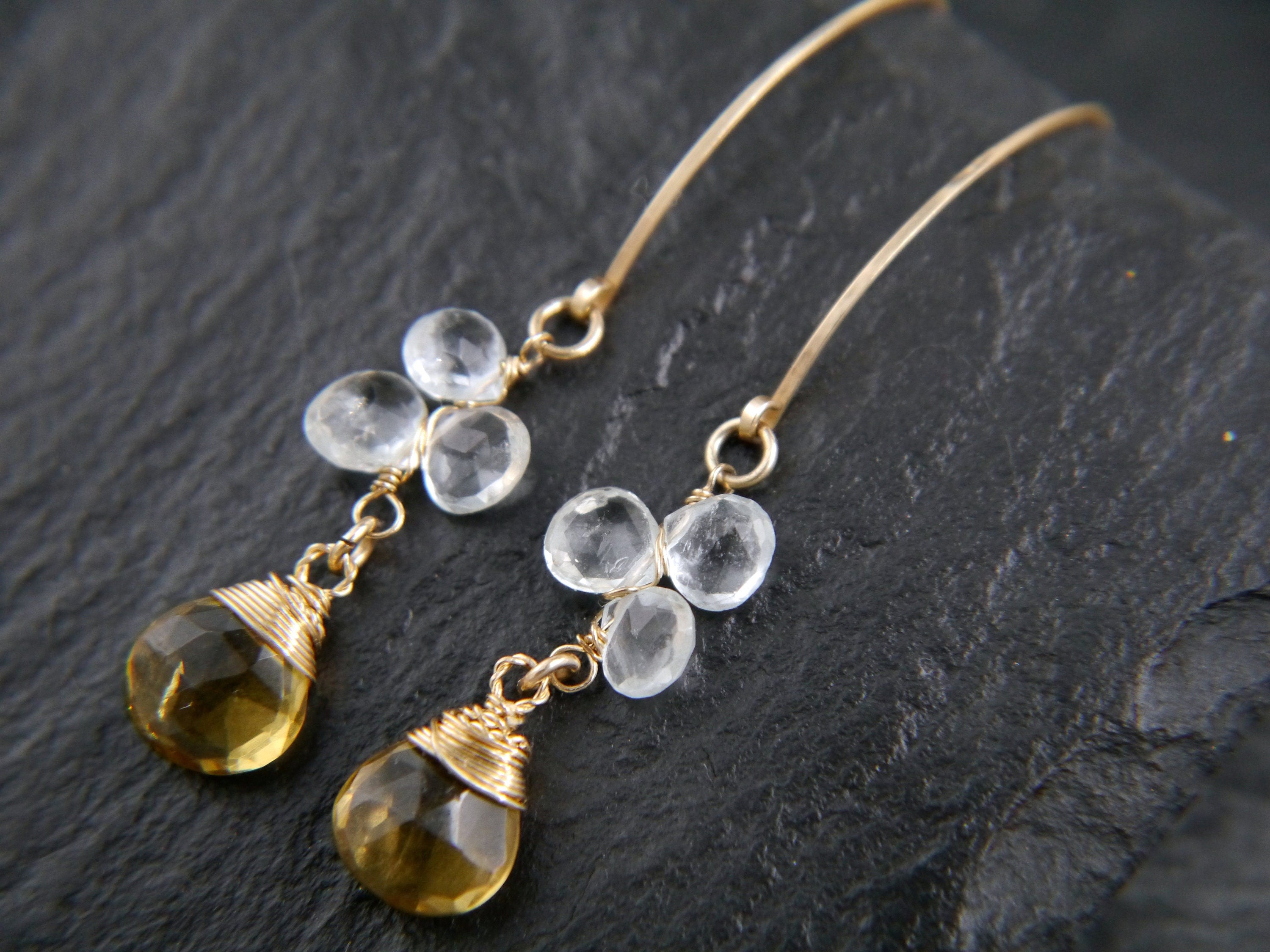 Aquamarine Citrine Floral Hoop Gemstone Earrings, 14K Gold Filled Bohemian Chic