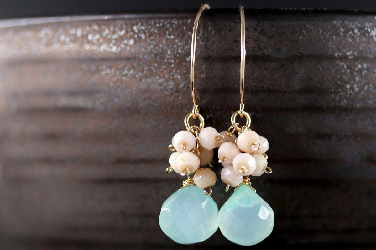 Aqua Chalcedony Pink Opal Floral Cluster Gemstone Earrings, 14K Gold Filled Bohemian