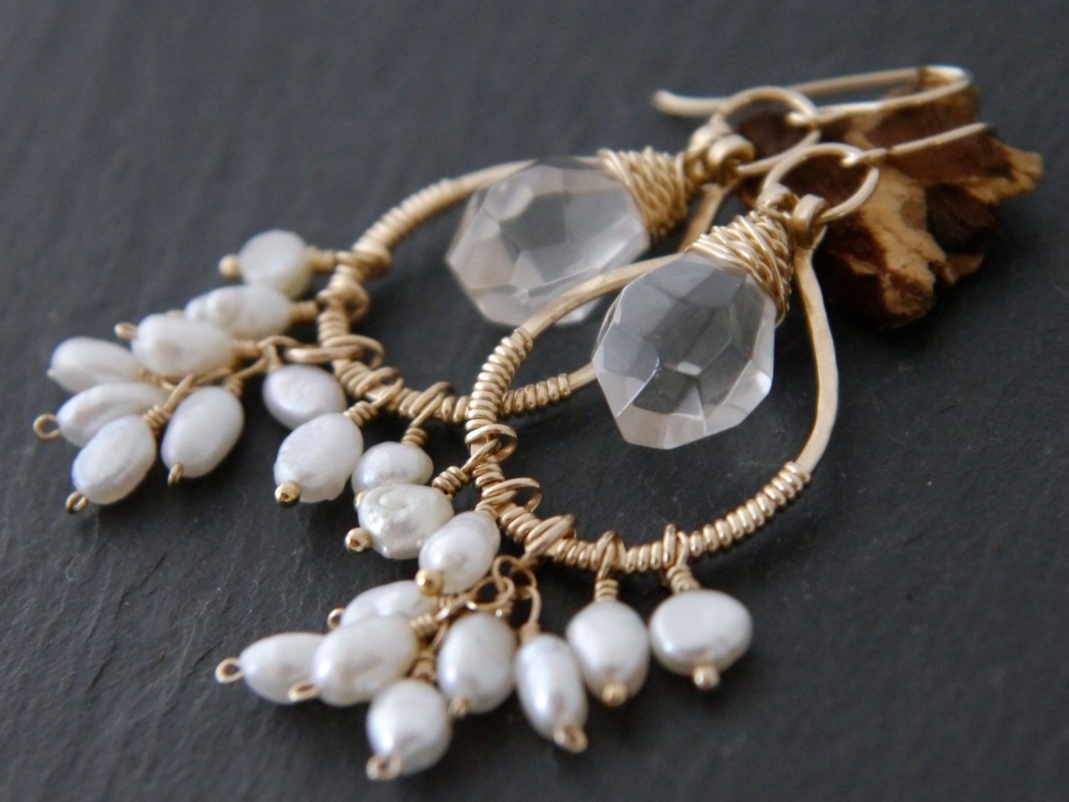 Freshwater Pearl Quartz Floral Chandelier Gemstone Earrings, 14K Gold Filled Wedding