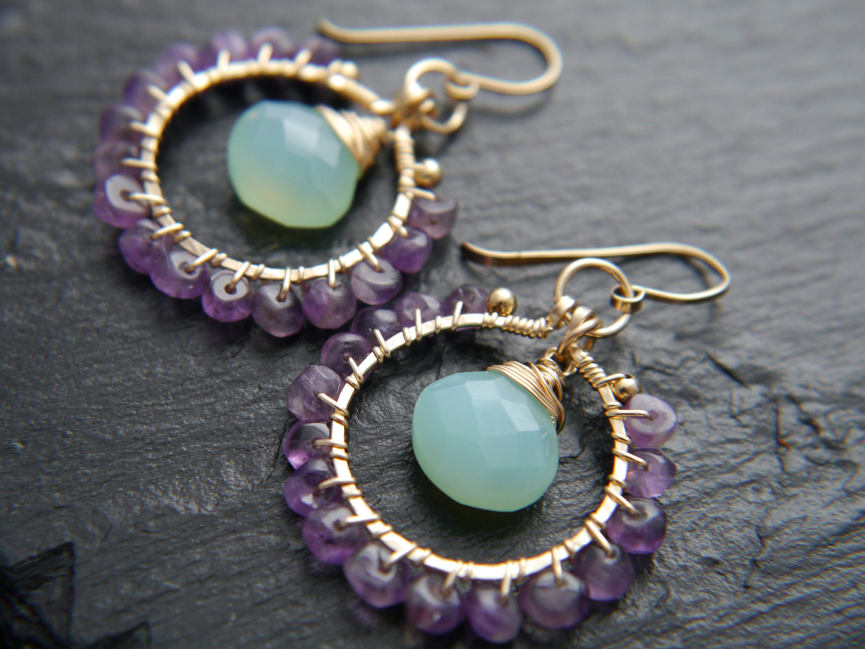 Amethyst Aqua Chalcedony Hoop Earrings, 14K Gold Filled Gemstone Hoops, Boho Jewelry