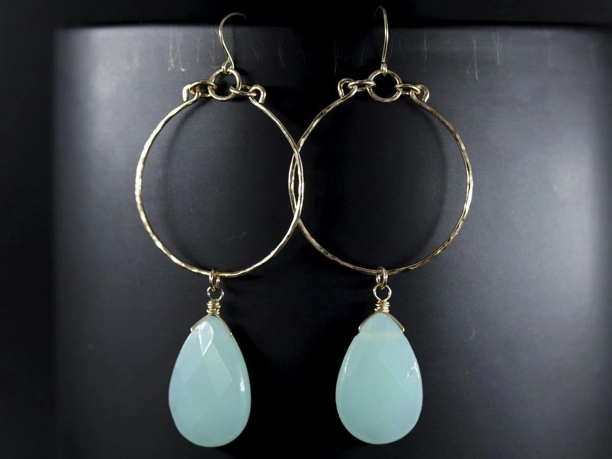 Aqua Chalcedony Teardrop Hoop Gemstone Earrings, 14K Gold Filled
