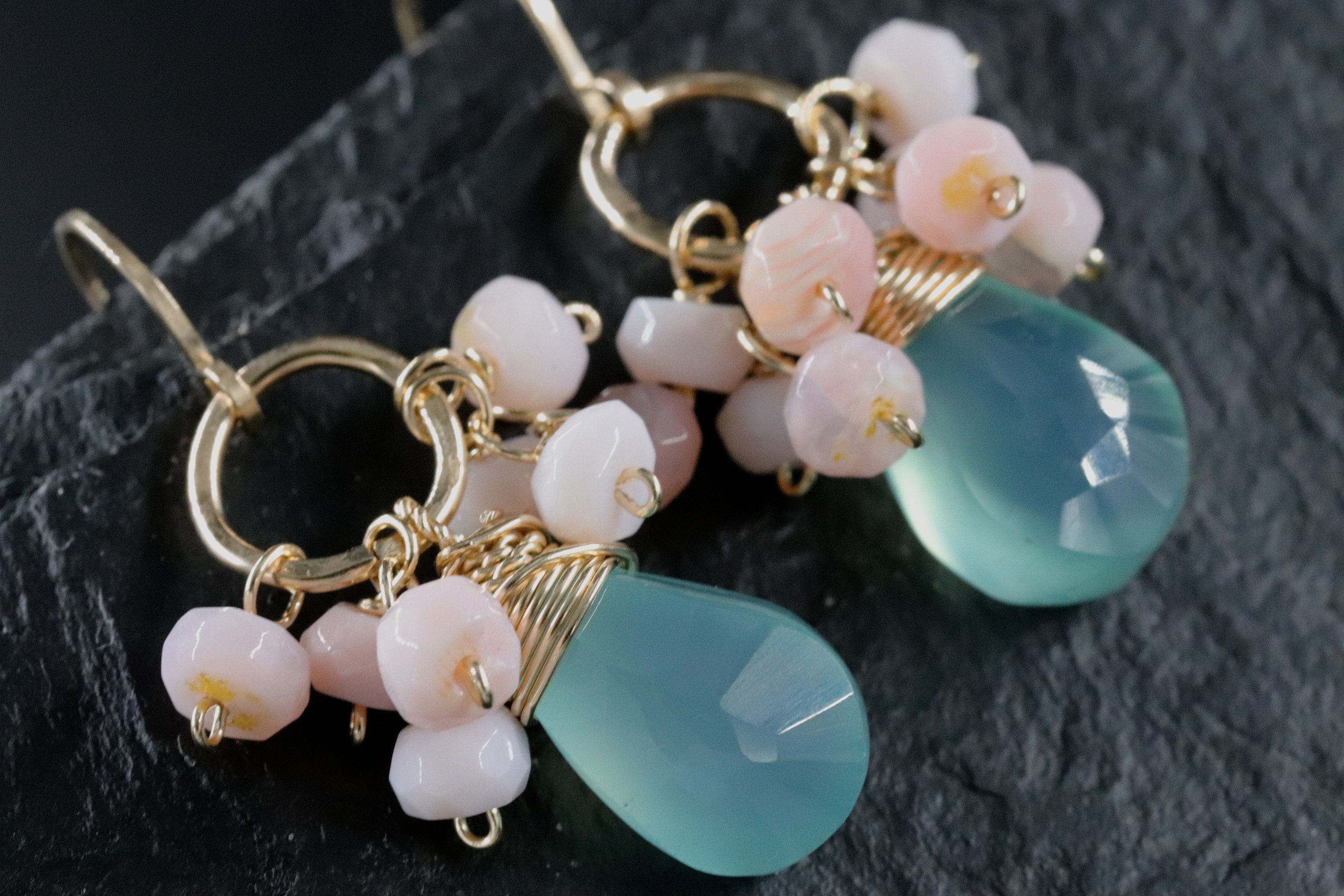 Aqua Chalcedony Briolette Pink Opal Cluster Gemstone Earrings, 14K Gold Filled Botanical Style