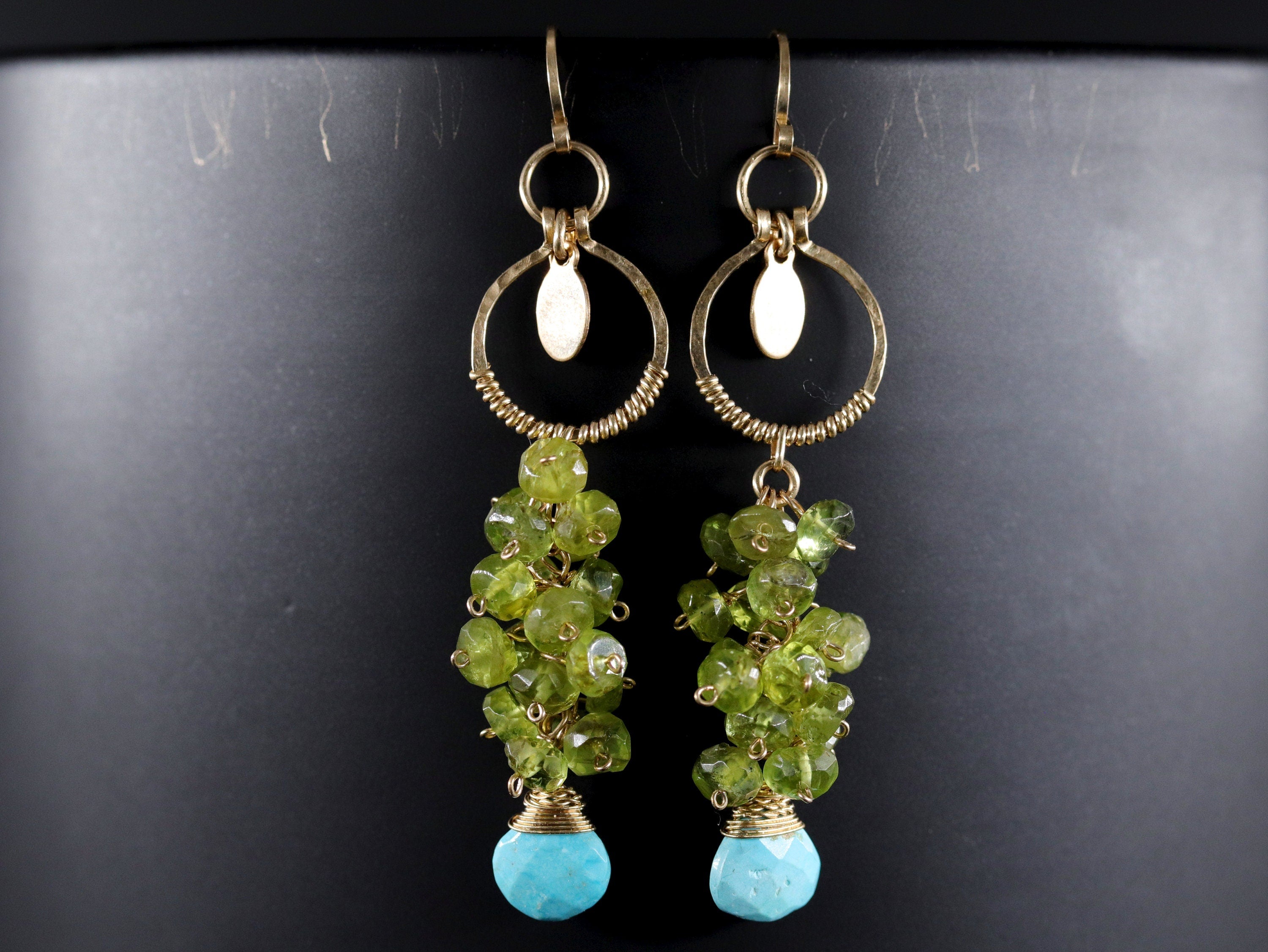 Turquoise Peridot Floral Cluster Long Dangle Gemstone Earrings, 14K Gold Filled