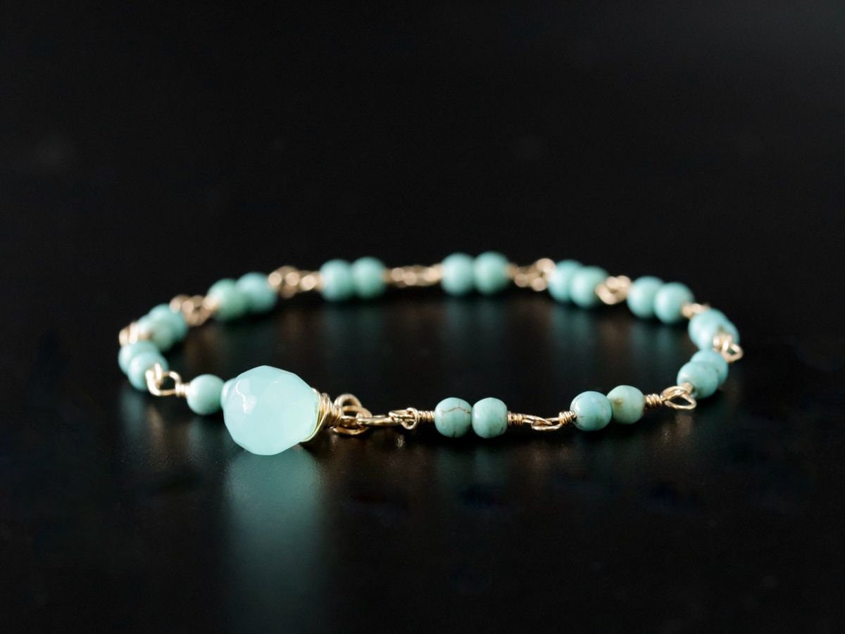 Turquoise Magnesite Aqua Chalcedony Gemstone Bracelet, 14K Gold Filled Rosary Chain, Beading