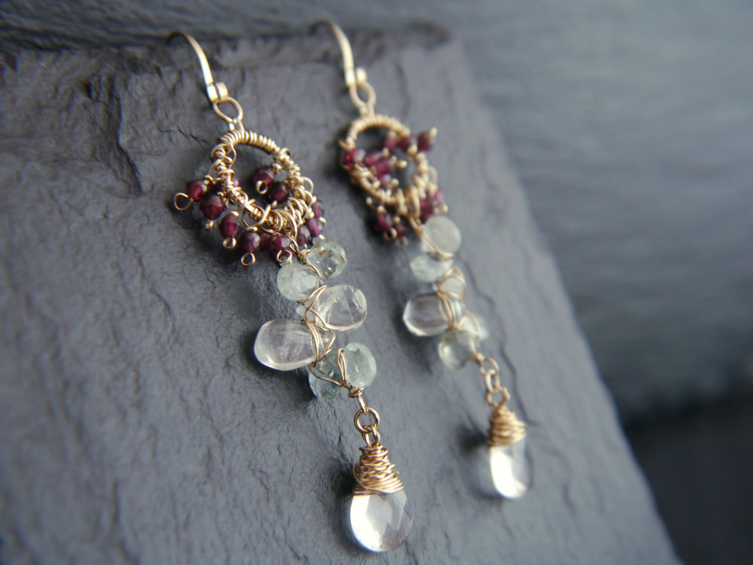 Aquamarine Garnet Floral Chandelier Earrings, 14K Gold Filled Dangle, Bohemian Jewelry