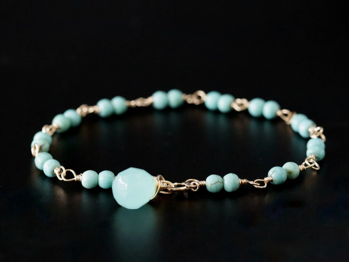 Turquoise Magnesite Aqua Chalcedony Gemstone Bracelet, 14K Gold Filled Rosary Chain, Beading