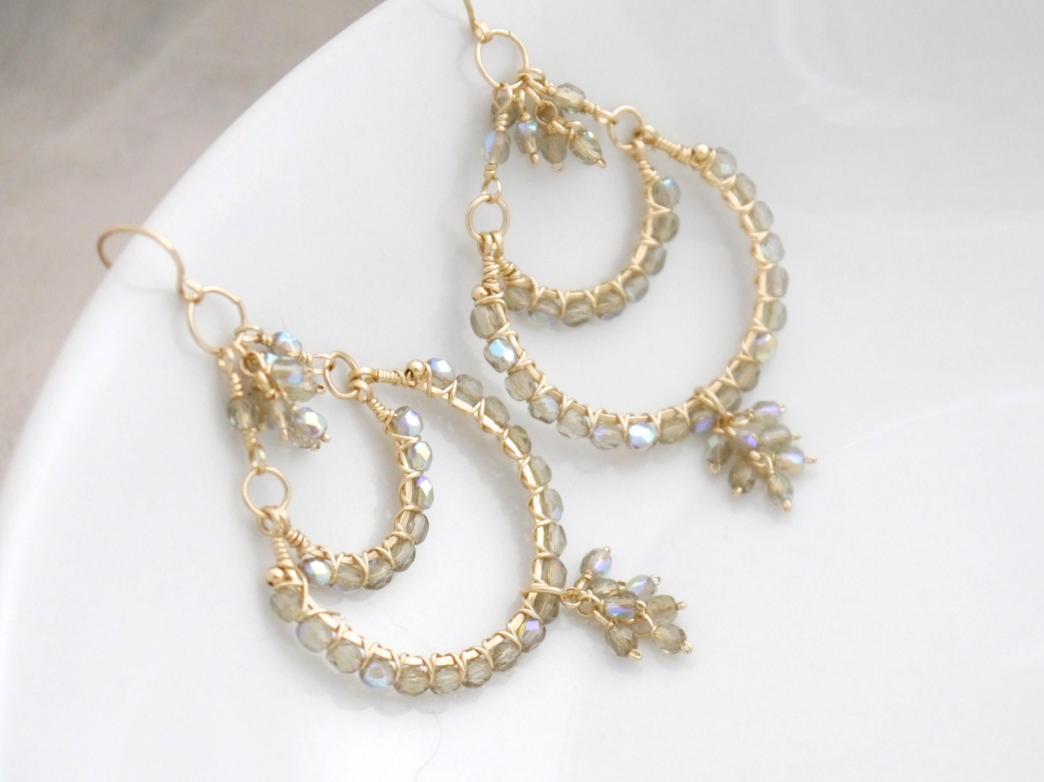Grey Czech Glass Chandelier Gemstone Earrings, 14K Gold Filled Classic Bride