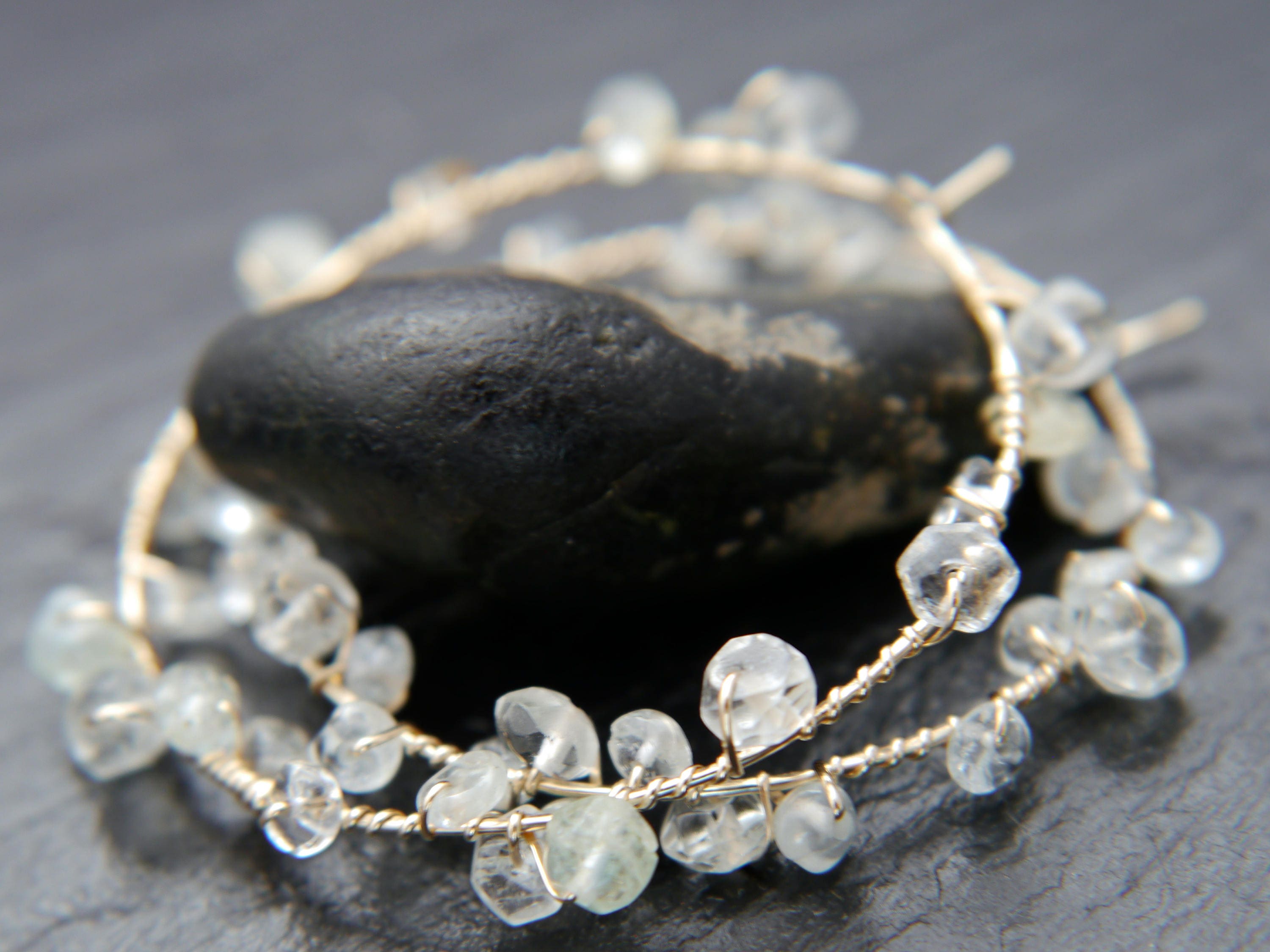 Aquamarine Floral Hoop Gemstone Earrings, 14K Gold Filled Ethereal Bride