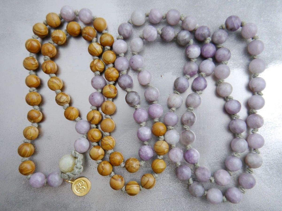 Lilac Tigerskin Jasper Mala Beads, 108 Gemstone Beads, Wrap, Hand Knotted
