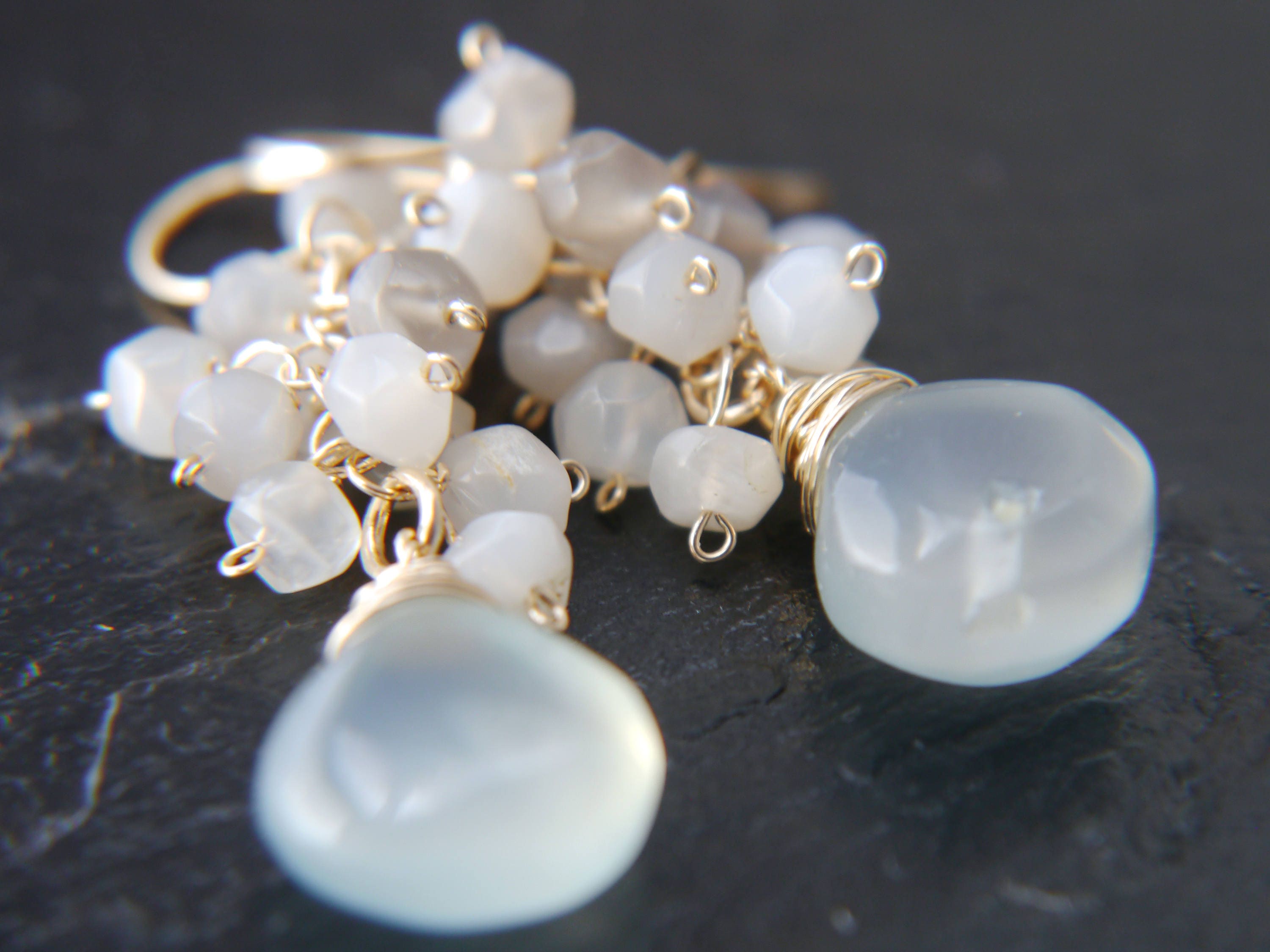 Aqua Chalcedony Briolette Moonstone Cluster Gemstone Earrings, 14K Gold Filled