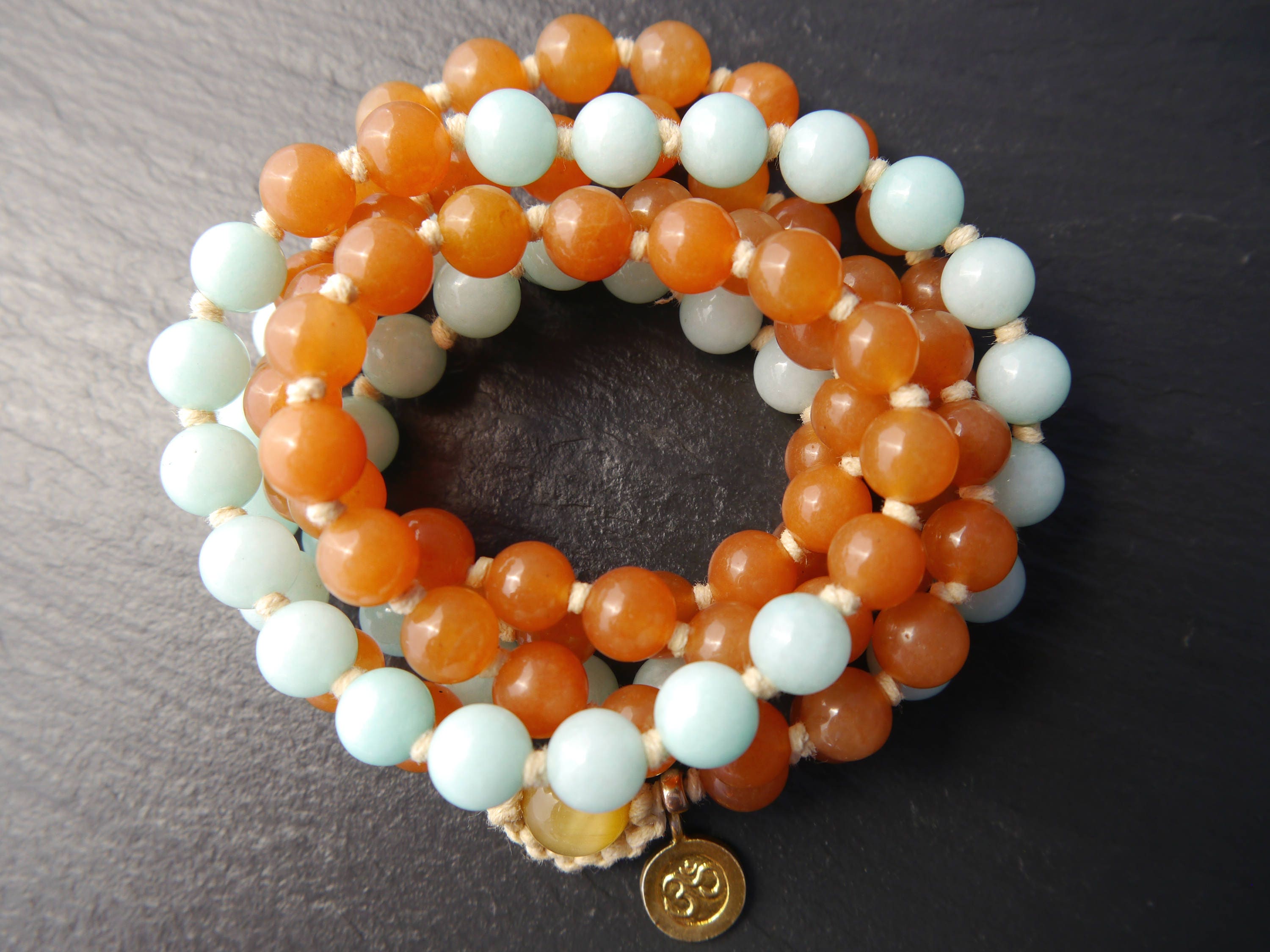 Red Aventurine Amazonite 108 Mala Bead , Wrap, Hand Knotted Tibetan Prayer Beads
