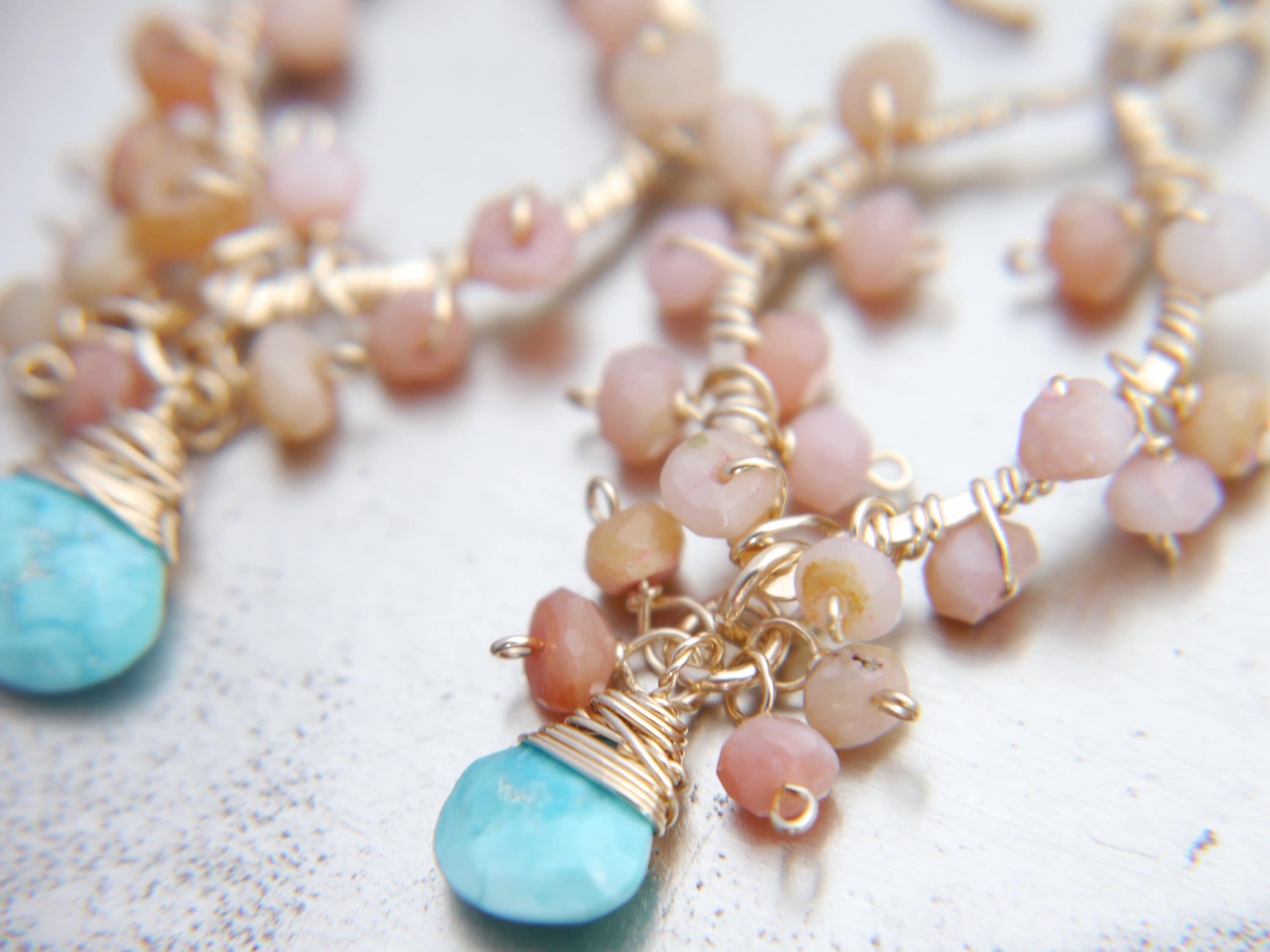 Turquoise Pink Opal Floral Gemstone Earrings, 14K Gold Filled Garden Wedding