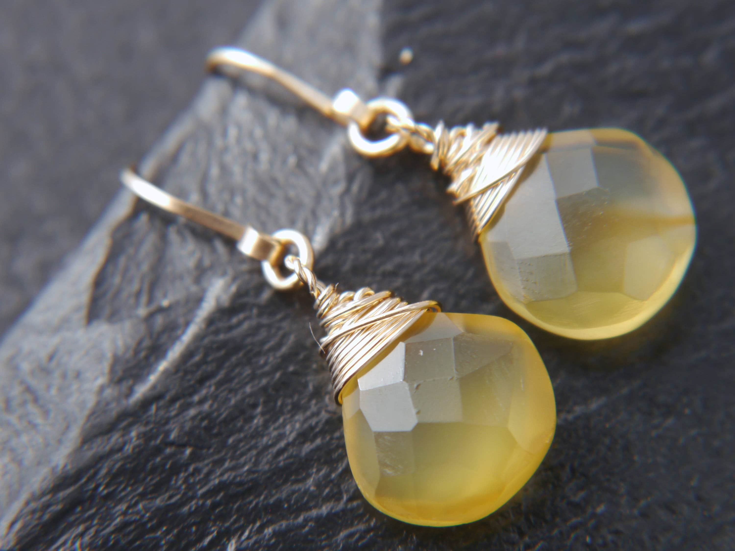 Yellow Chalcedony Heart Briolette Drop Gemstone Earrings, 14K Gold Filled Minimalist