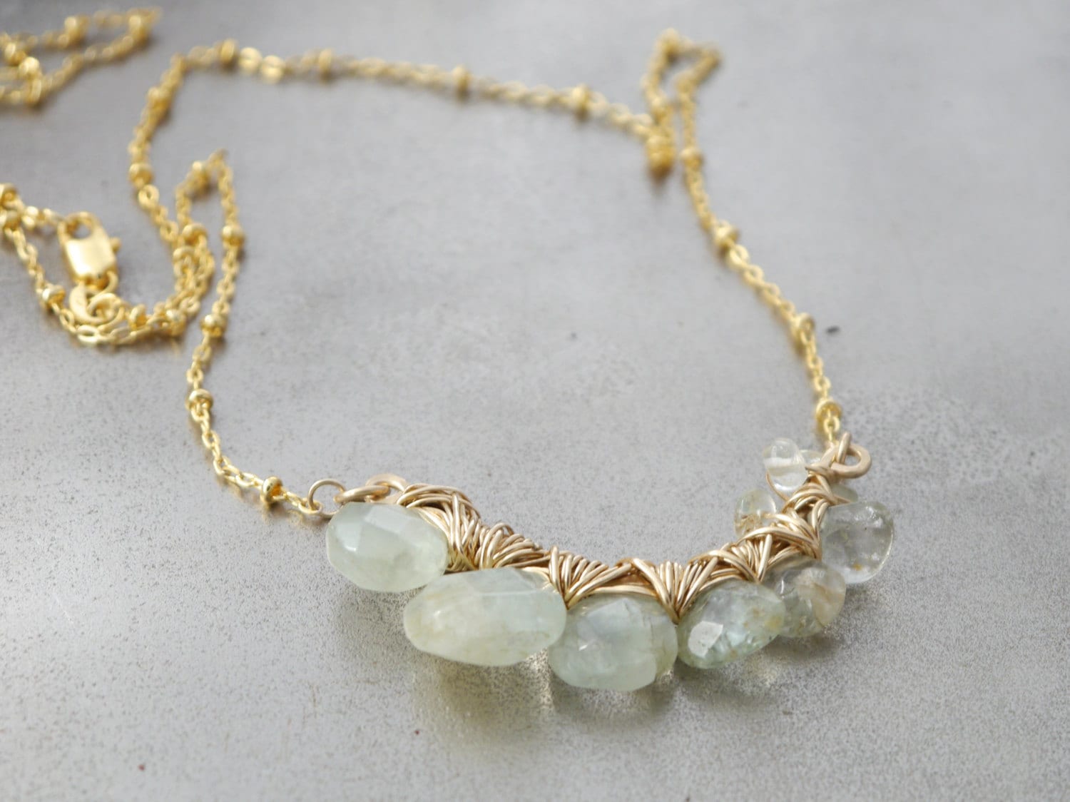 Aquamarine Teardrop Cluster Pendant Gemstone Necklace, 14K Gold Filled Bohemian Bride