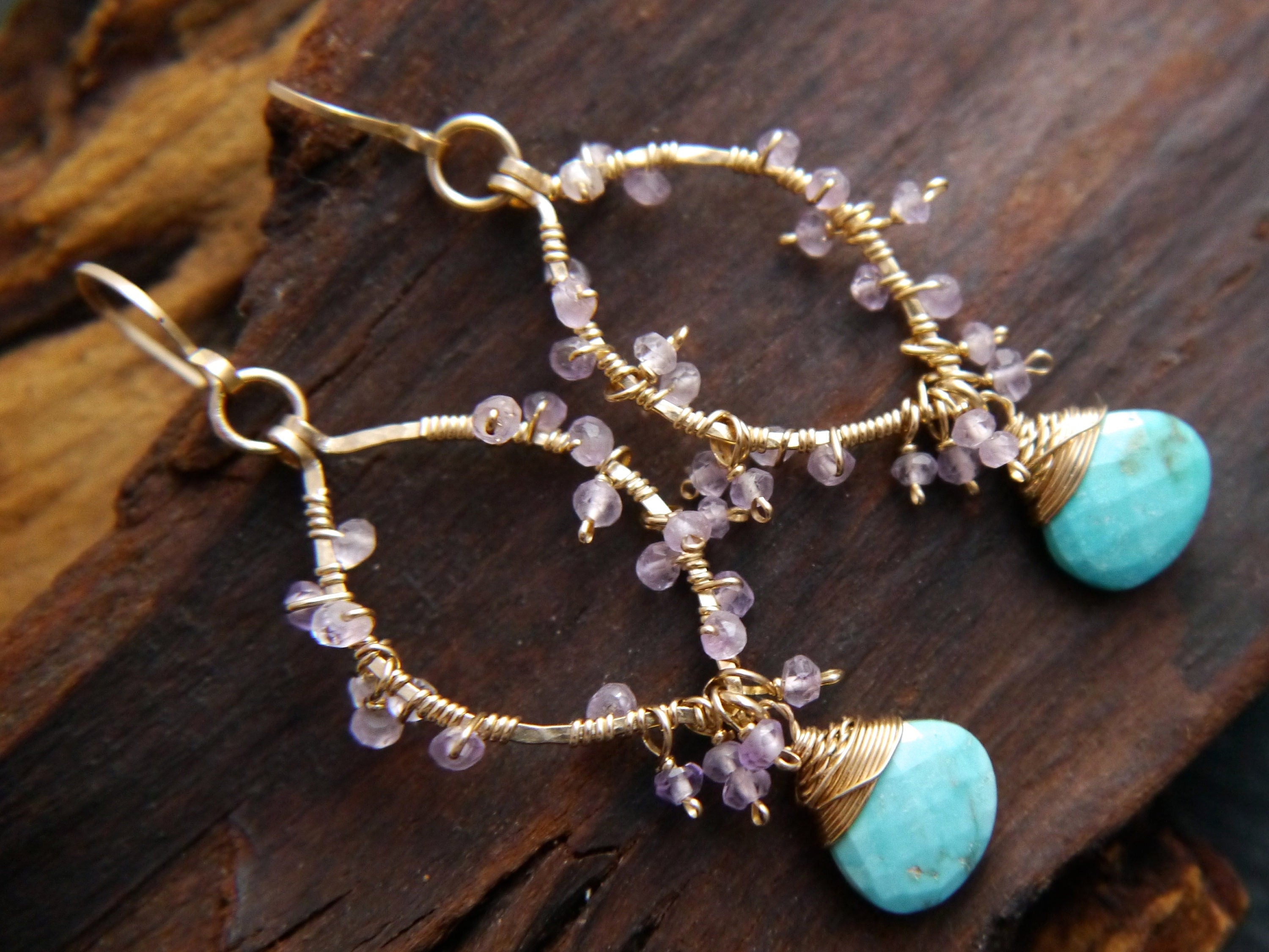 Turquoise Amethyst Floral Gemstone Earrings, 14K Gold Filled Botanical Jewelry