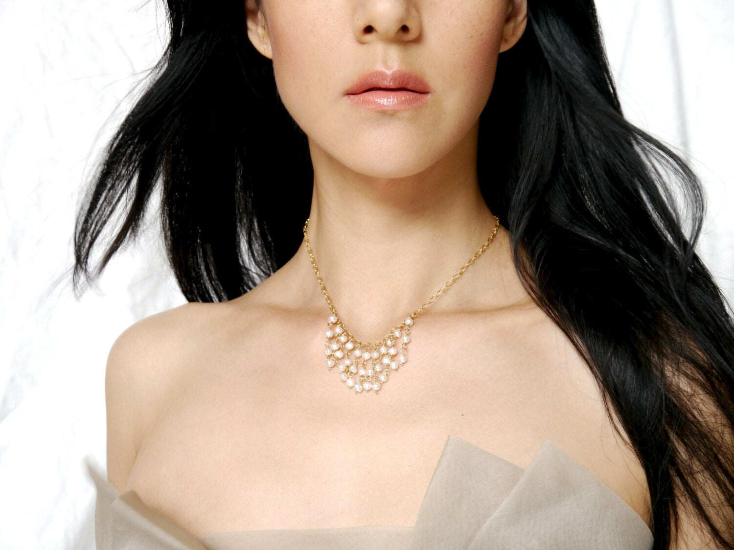 Gold Filled Pearl Tassel Bib Necklace, Bohemian Wedding Jewelry