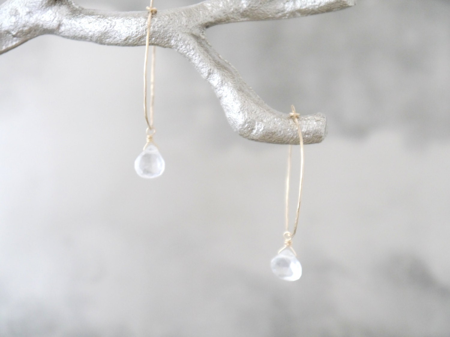 Quartz Teardrop Briolette Gemstone Earrings, 14K Gold Filled Boho Style