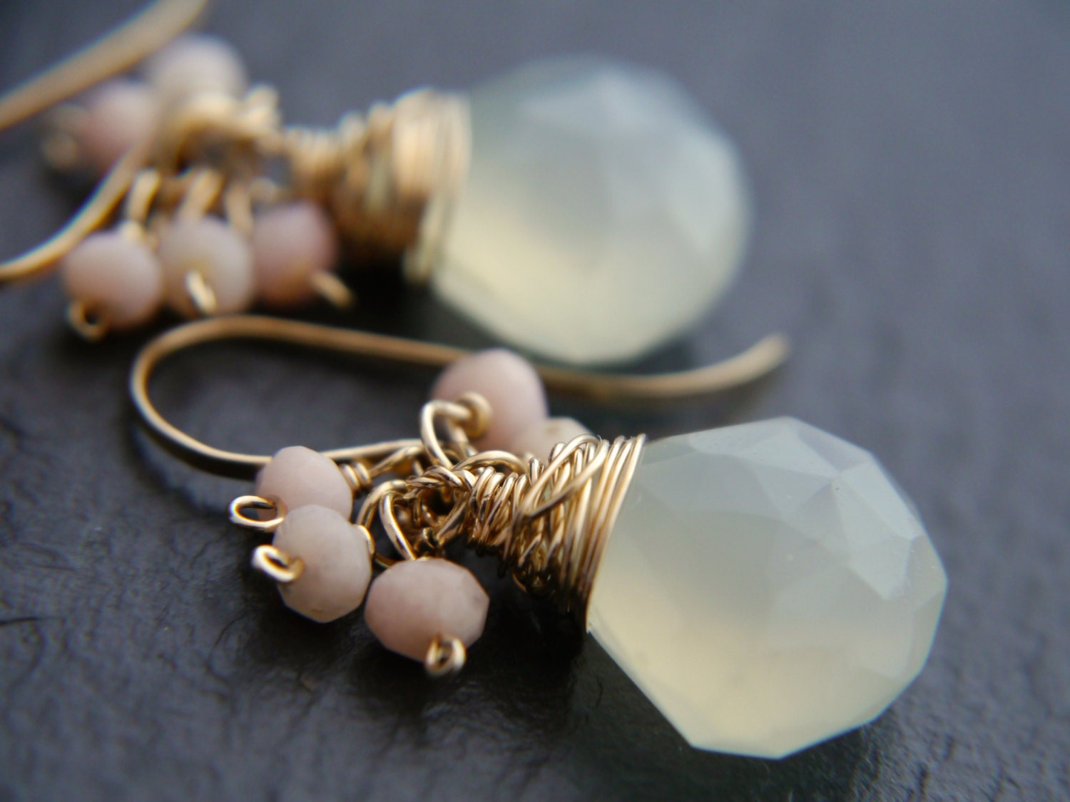 Aqua Chalcedony Pink Opal Floral Cluster Gemstone Earringsr, 14K Gold Filled Bridal