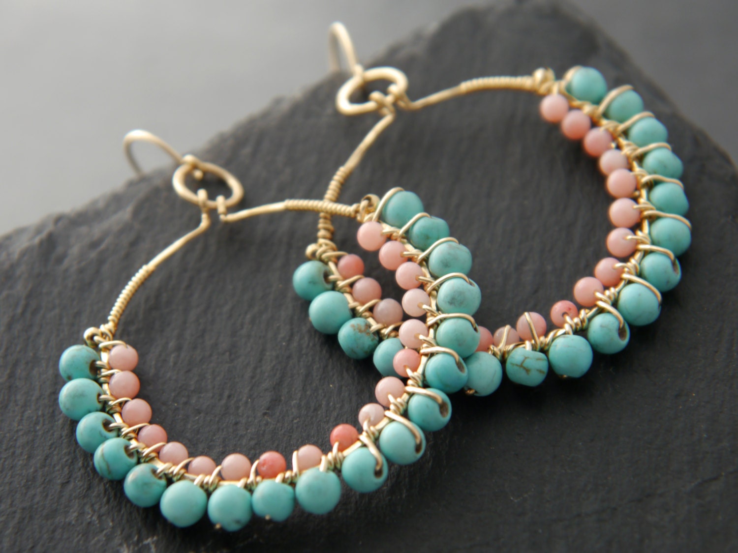 Turquoise Coral Hoop Gemstone Earrings, 14K Gold Filled Boho Wedding Coastal Style