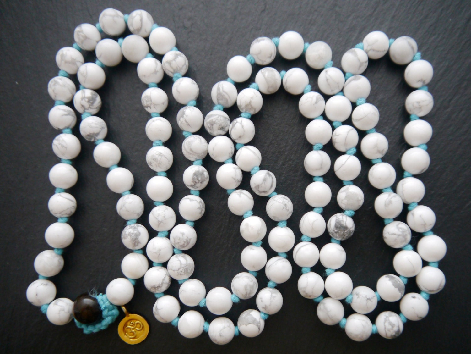 White Howlite Mala Beads, 108 Gemstone Beads, Wrap, Hand Knotted