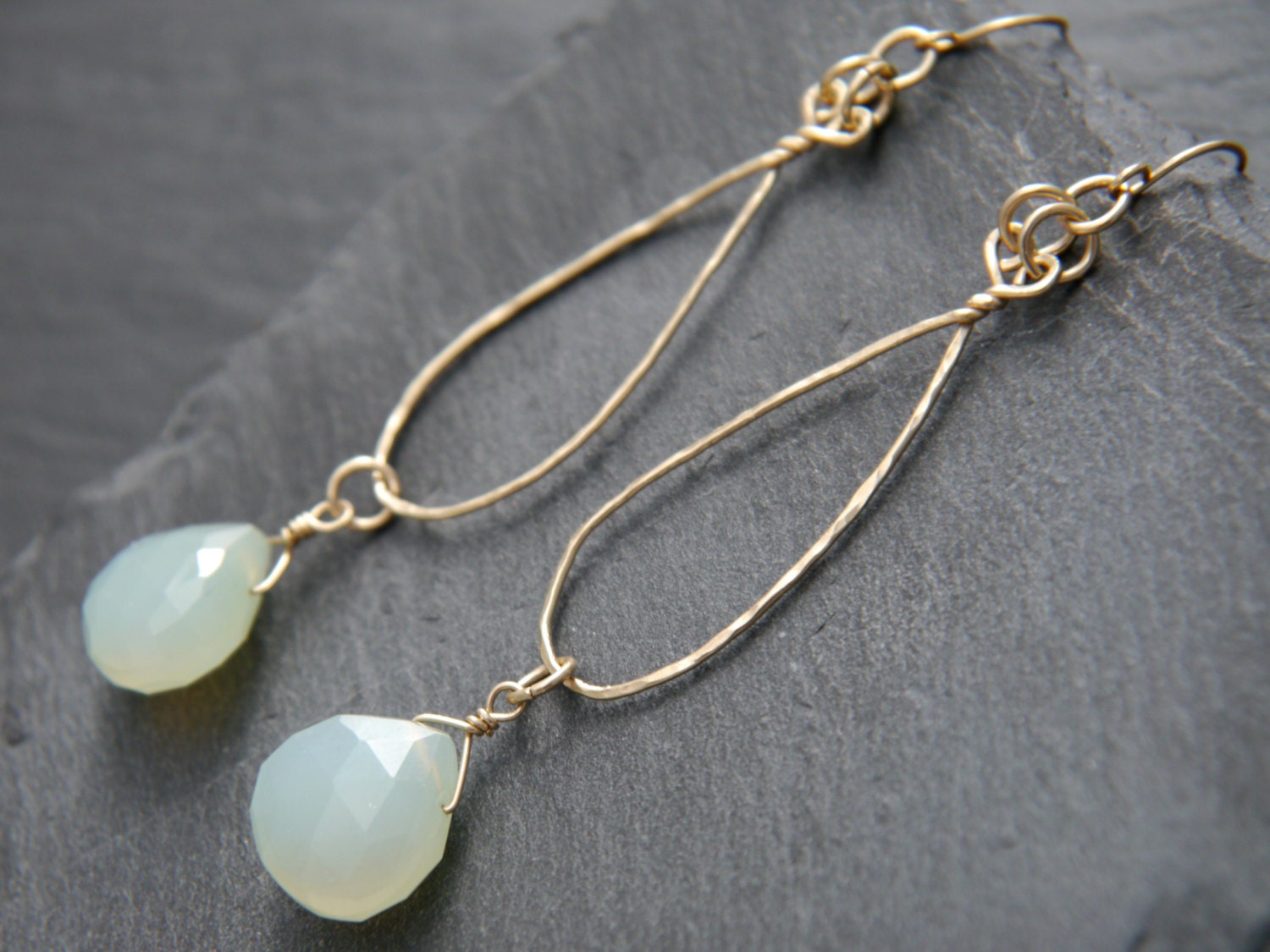 Sea Foam Chalcedony Heart Briolette Gemstone Earrings, 14K Gold Filled Boho Wedding
