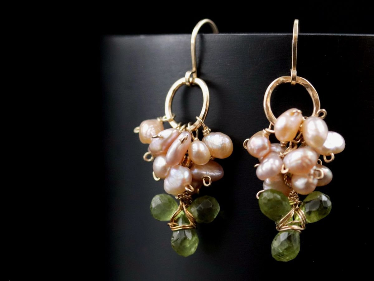 Peridot Pink Freshwater Pearl Floral Dangle Gemstone Earrings, 14K Gold Filled