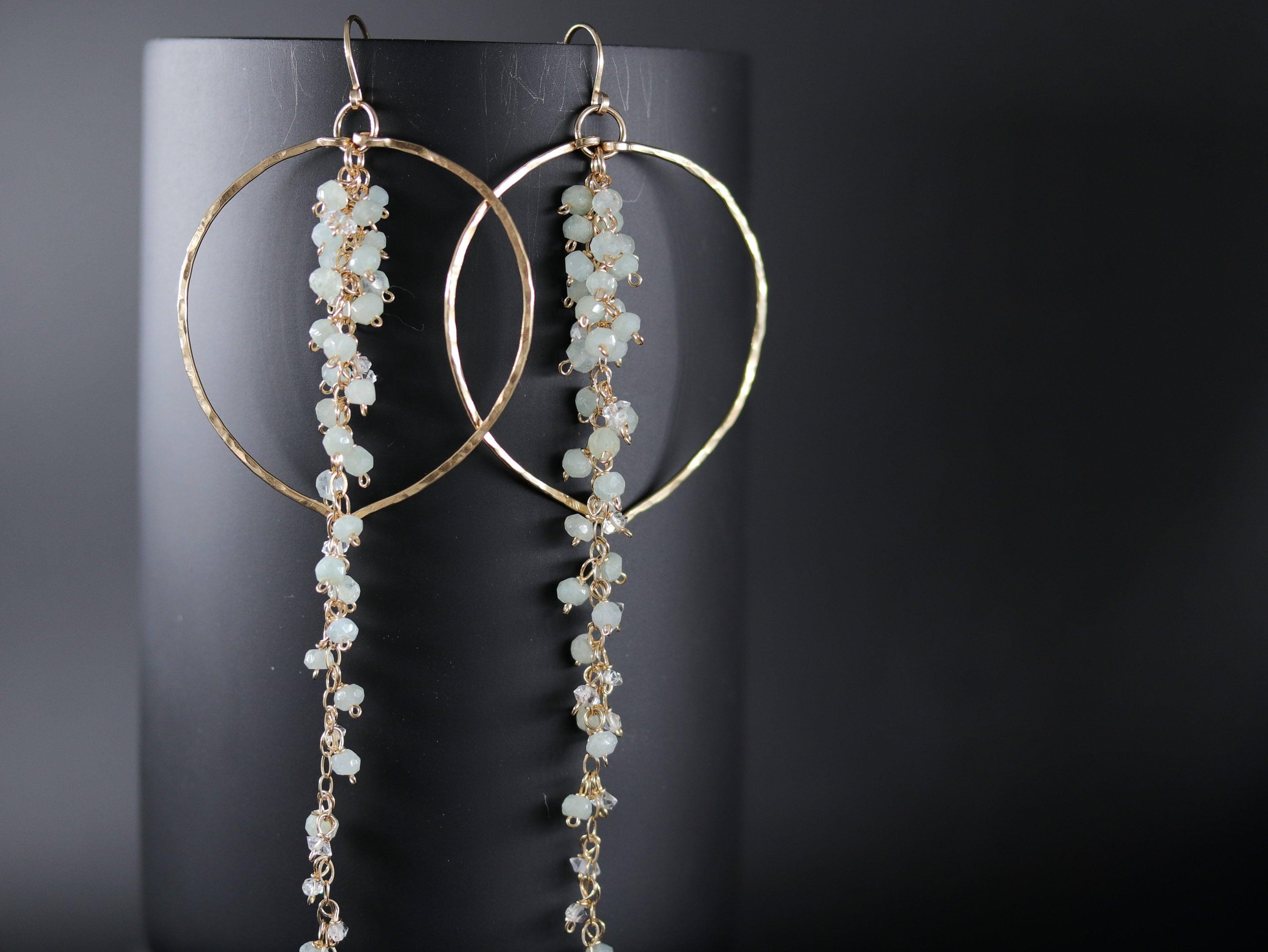 Aquamarine Herkimer Vine Tassel Earrings, 14K Gold Filled Waterfall Duster, Statement Jewelry