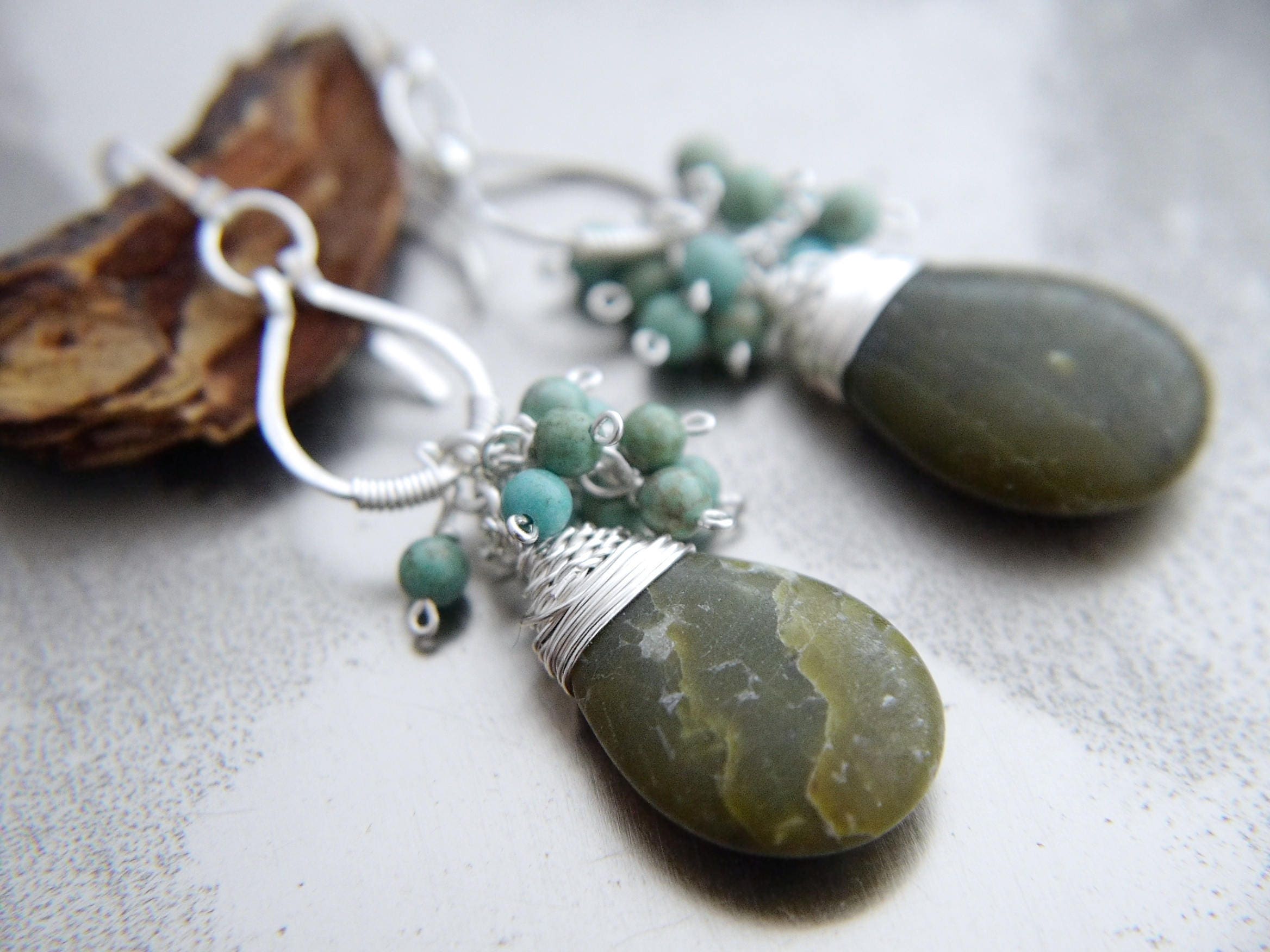 Green Vesuvianite Turquoise Magnesite Cluster Gemstone Earrings, Sterling Silver