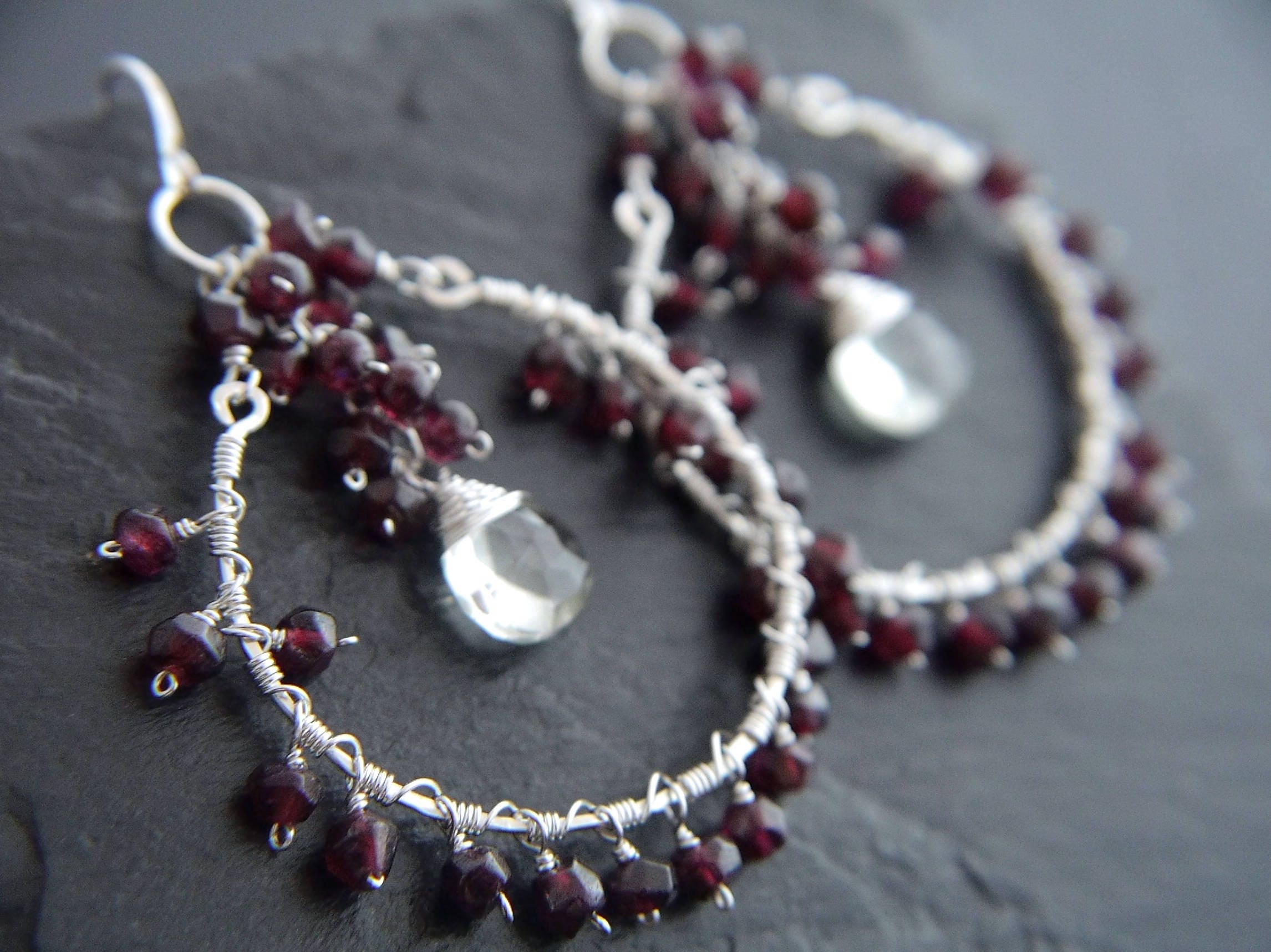 Garnet Chandelier Fringe Hoop Gemstone Earrings, Sterling Silver, Bohemian Style