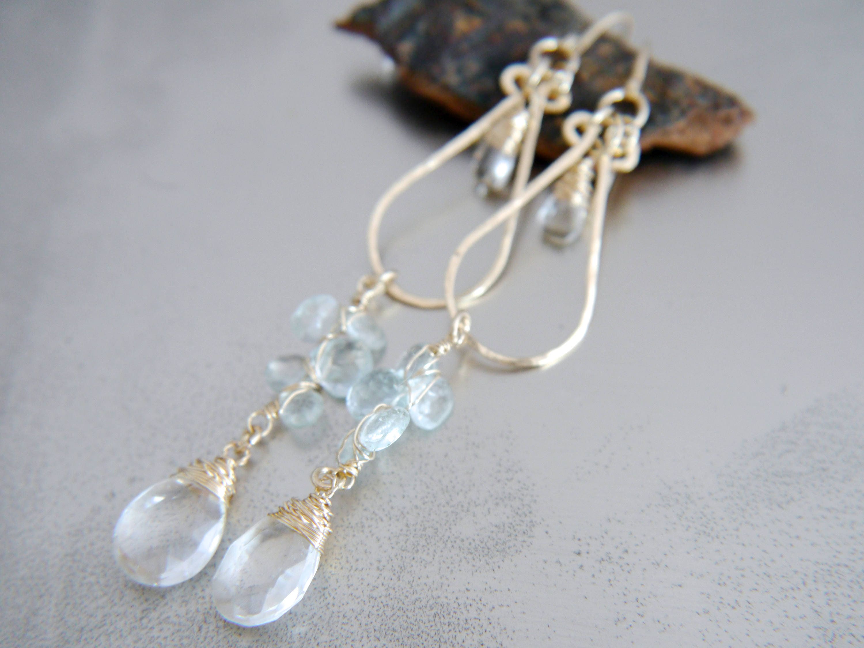 Aquamarine Chandelier Floral Long Dangle Gemstone Earrings, 14K Gold Filled Bridal