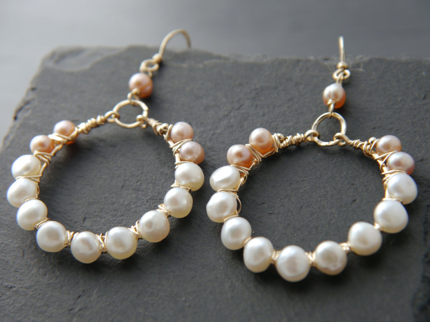 Pink and White Pearl Hoop Gemstone Earrings, 14K Gold Filled Timeless Wedding