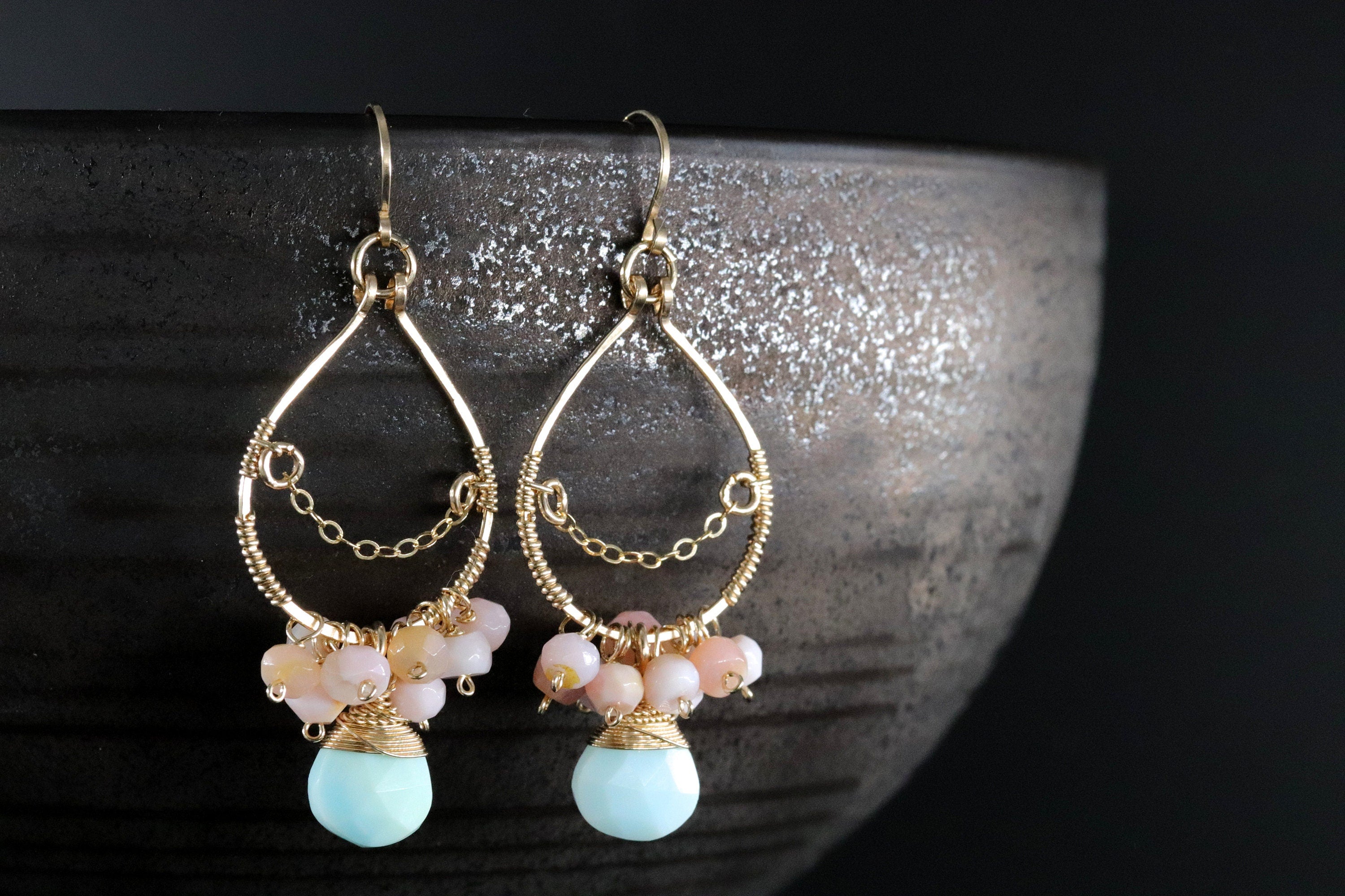 Pink Opal Amazonite Floral Chandelier, Gemstone Earrings, 14K Gold Filled Bohemian Bridal Jewelry