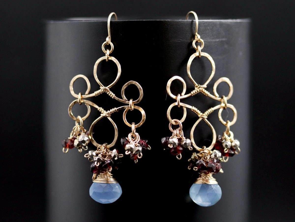Garnet Blue Chalcedony Heart Chandelier, Gemstone Earrings, 14K Gold Filled Bohemain Jewelry