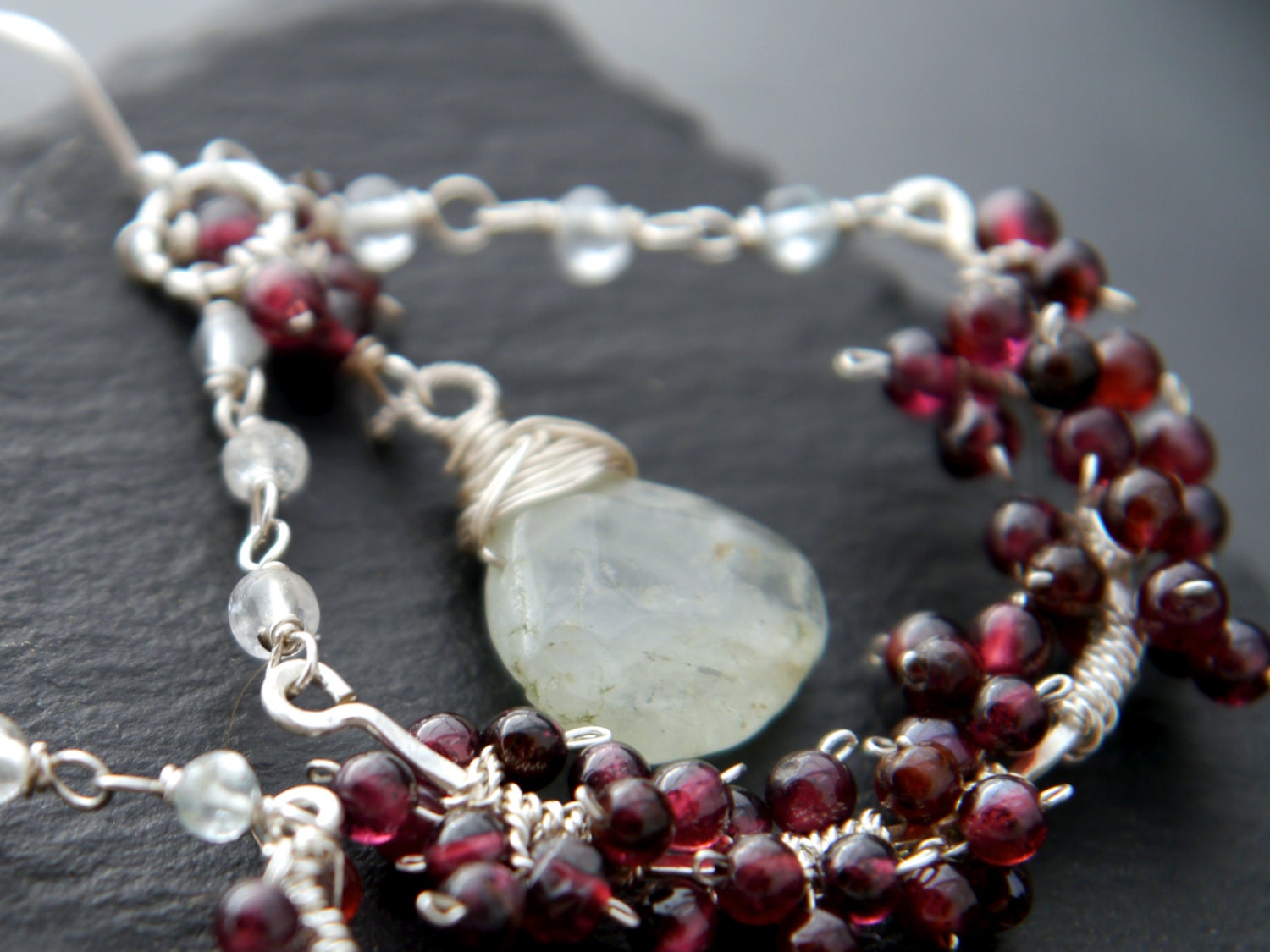 Aquamarine Garnet Floral Chandelier Gemstone Earrings, Sterling Silver Bridal Jewelry