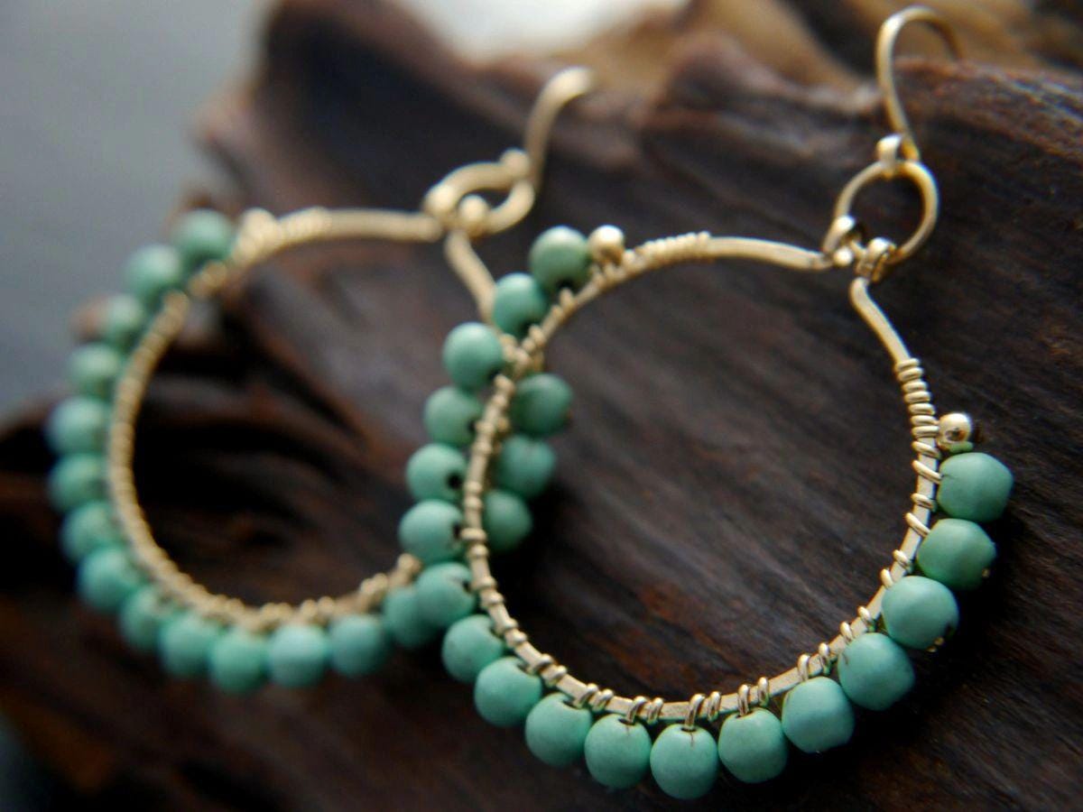 Turquoise Magnesite Hoop Gemstone Earrings, 14K Gold Filled Summer Style