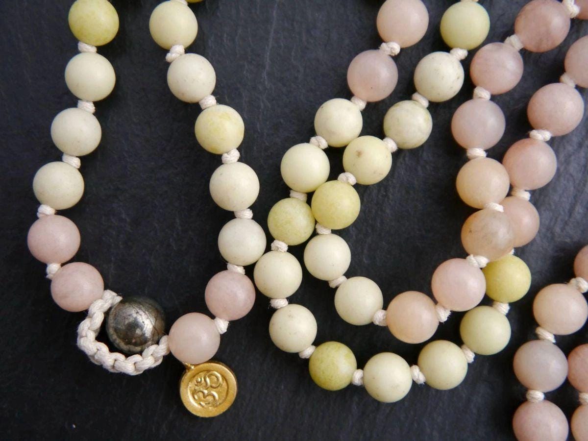 Green Peridot Serpentine Pink Aventurine Mala , Hand Knotted