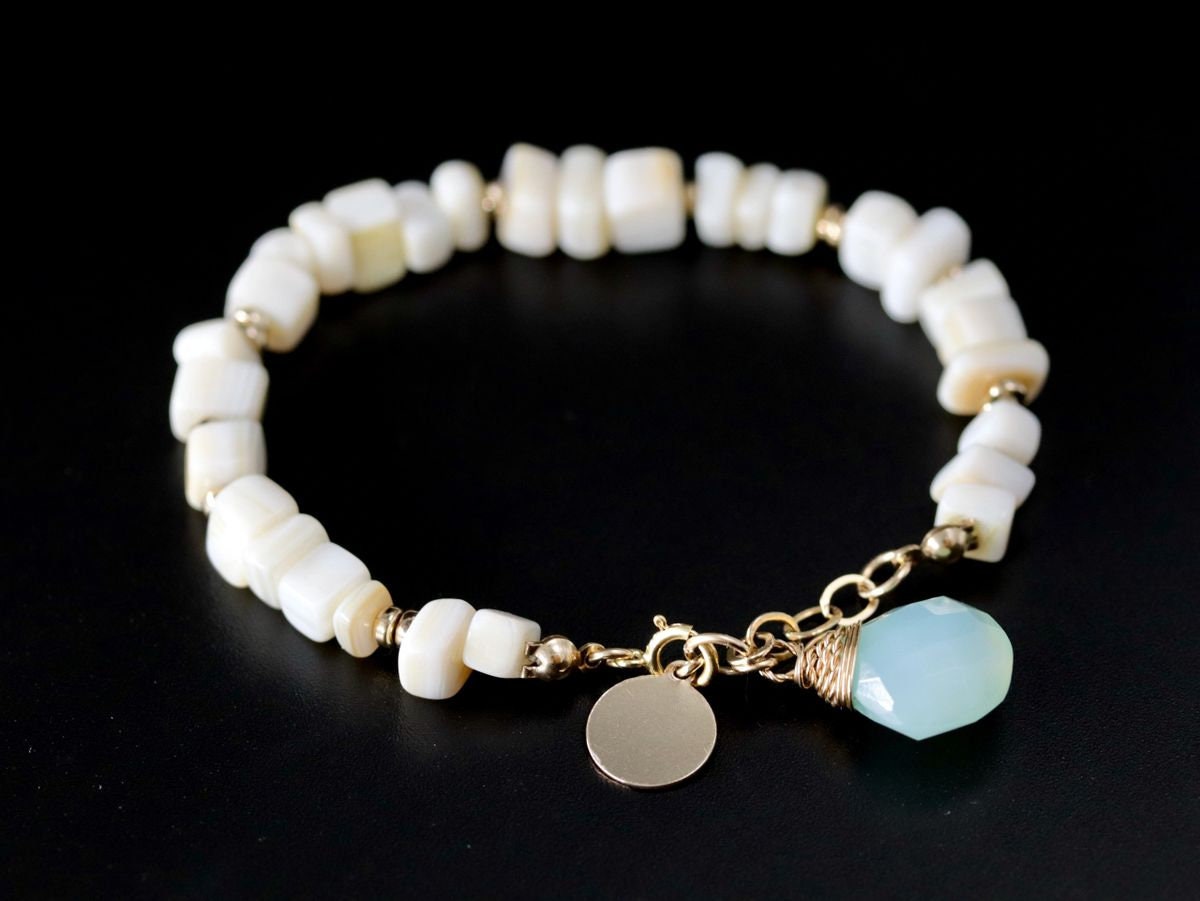 Mother of Pearl Aqua Chalcedony Beaded Gemstone Bracelet – 14K Gold Filled Jewelry