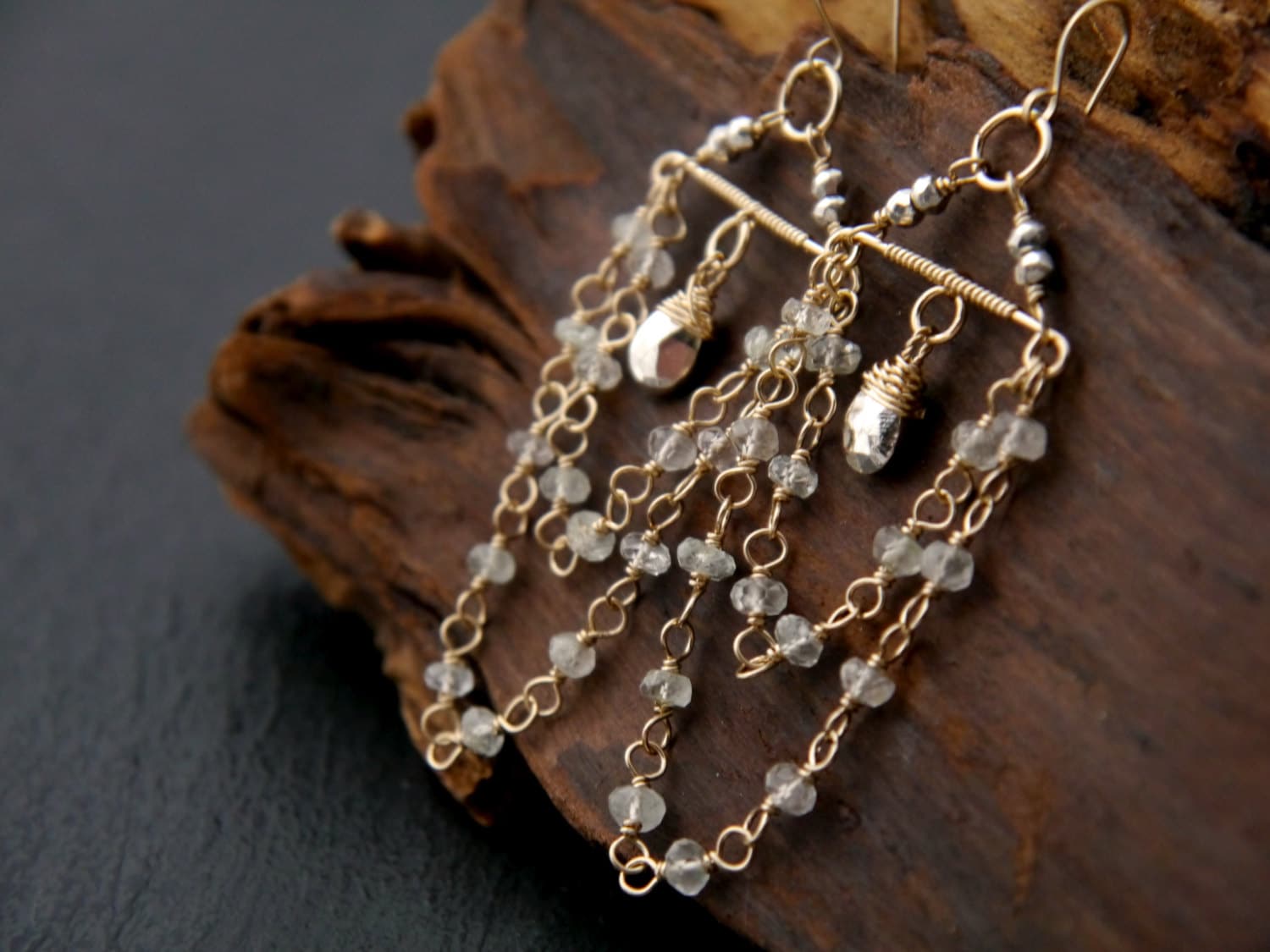 Aquamarine Fringe Chandelier Earrings, 14K Gold Filled Boho Dangle, Wedding Jewelry