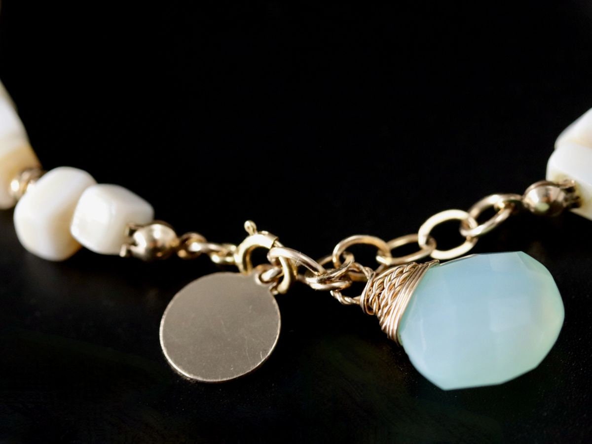 Mother of Pearl Aqua Chalcedony Beaded Gemstone Bracelet – 14K Gold Filled Jewelry