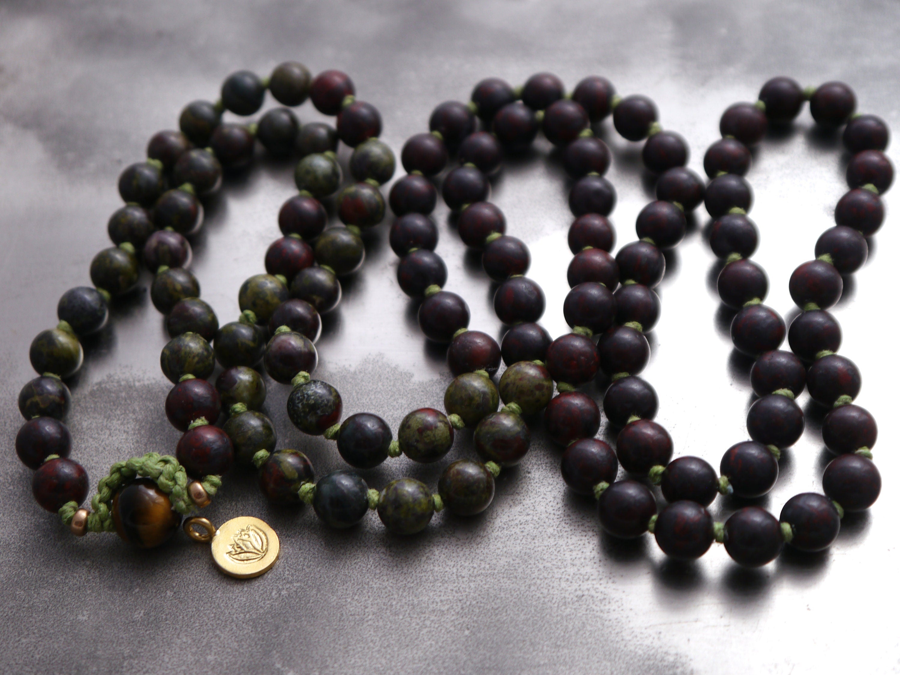 Deep Red Dragon’s Blood Jasper Mala Beads, 108 Gemstone Beads, Wrap, Hand Knotted