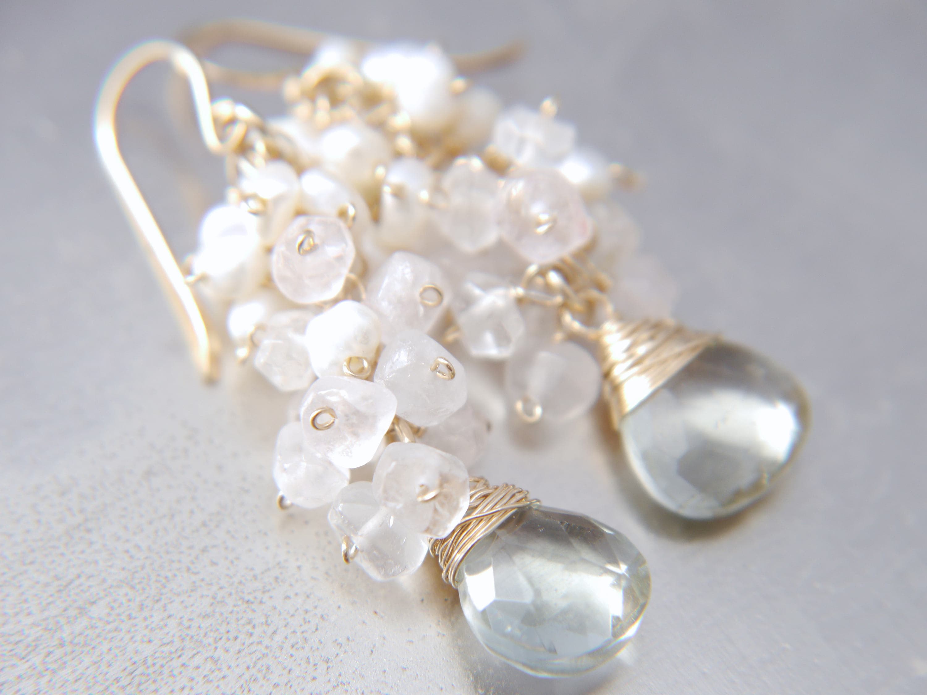Green Amethyst Rose Quartz Pearl Cluster Gemstone Earrings, 14K Gold Filled Garden Wedding