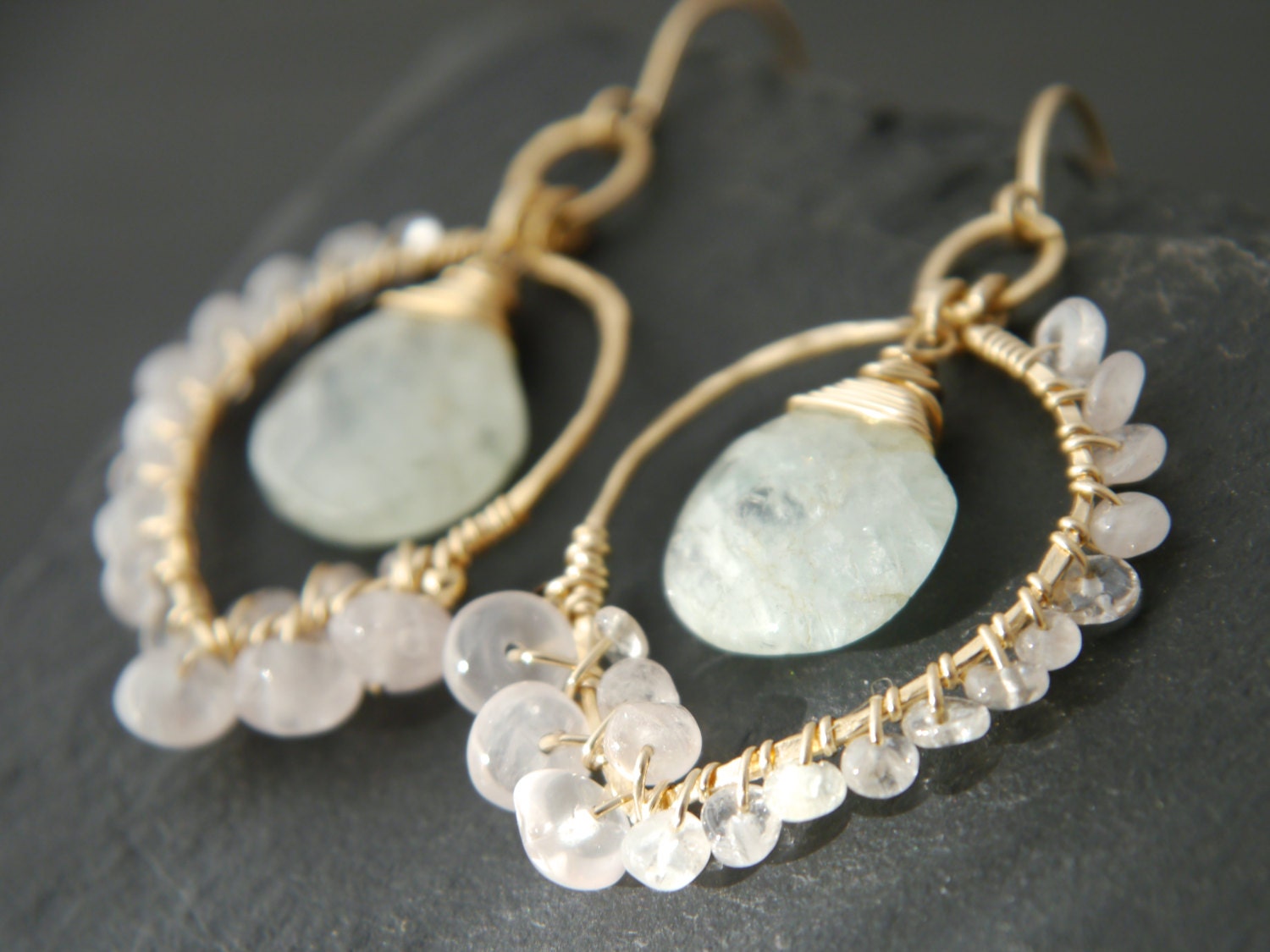 Aquamarine Rose Quartz Floral Chandelier Gemstone Earrings, 14K Gold Filled Wedding