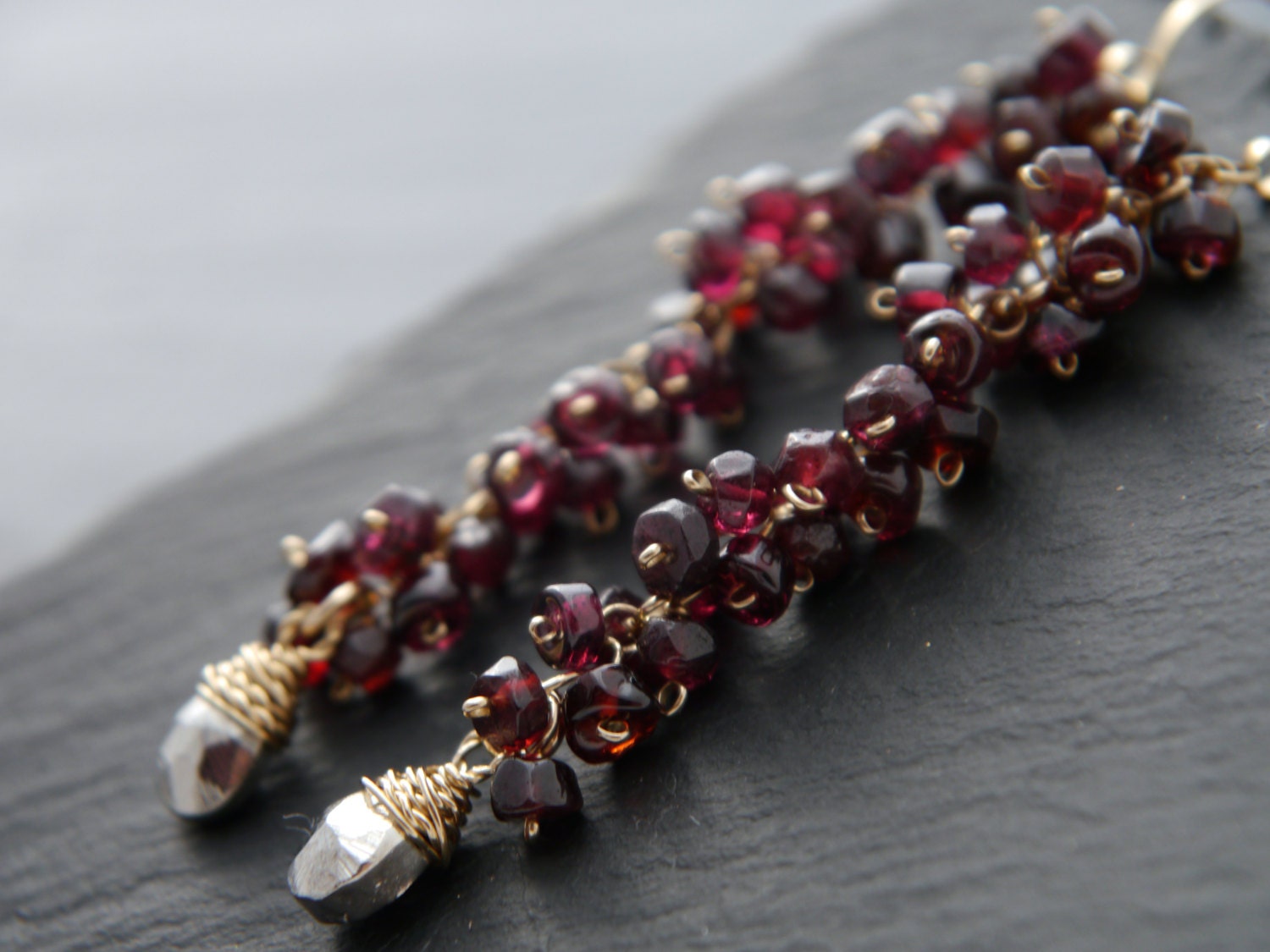 Boho Garnet Pyrite Cluster Long Dangle Gemstone Earrings, 14K Gold Filled Botanicals