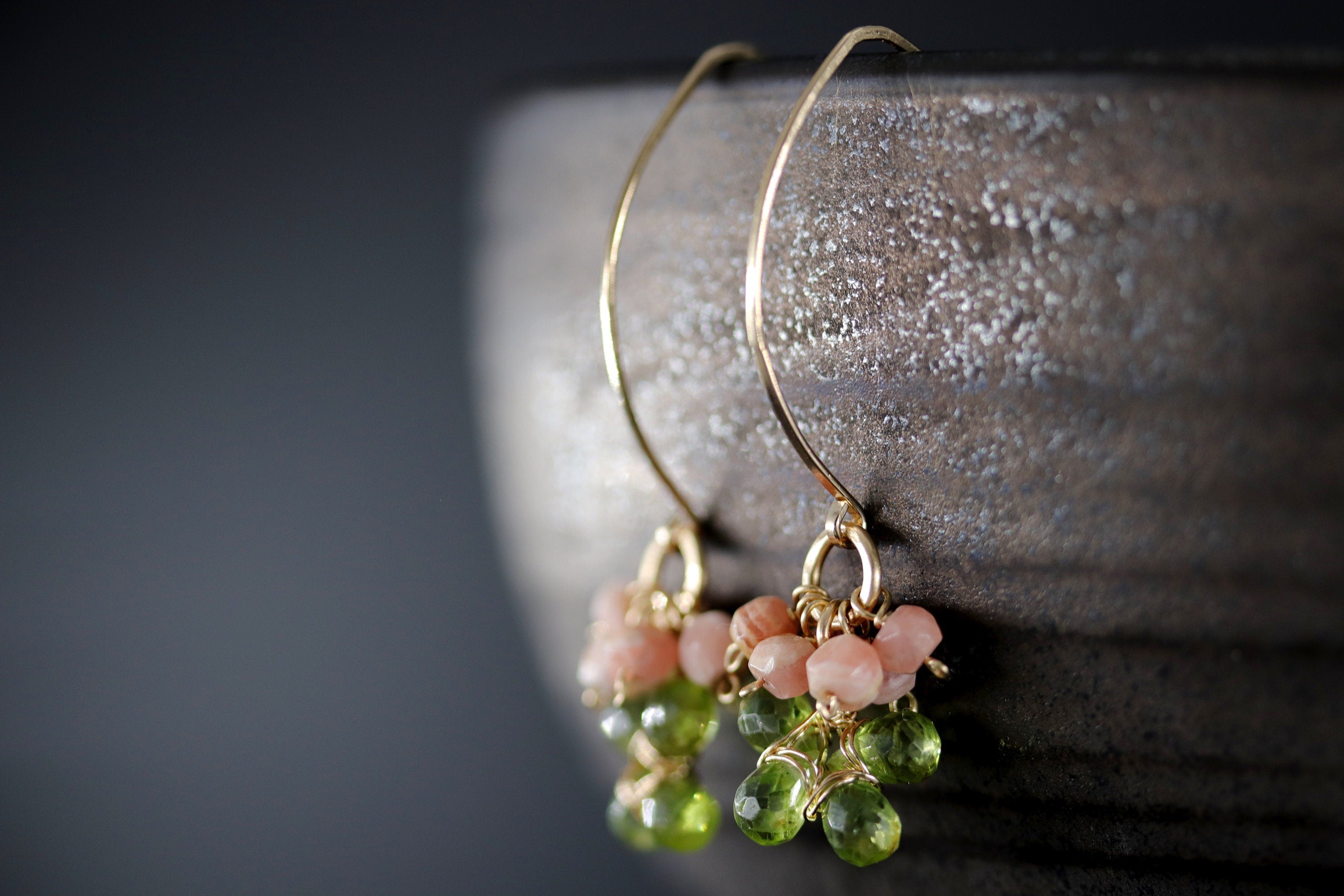 Peridot Rhodonite Floral Cluster Hoop Gemstone Earrings, 14K Gold Filled Botanicals
