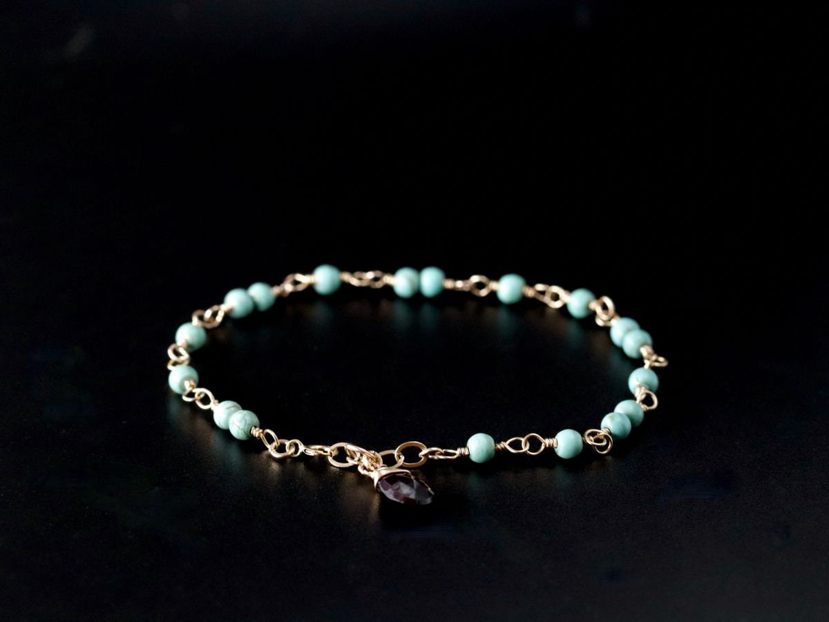 Turquoise Magnesite Garnet Gemstone Bracelet, 14K Gold Filled Rosary Chain Boho Style