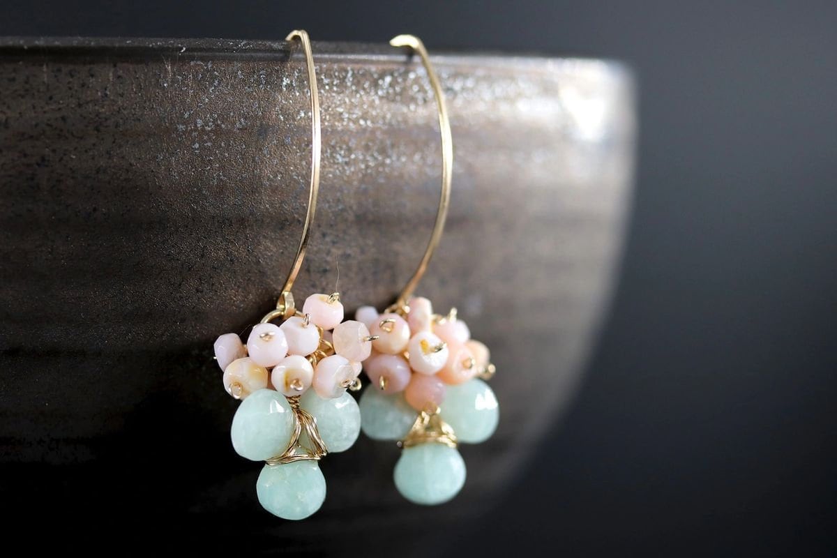 Pink Opal Amazonite Earrings, 14 Gold Filled Teardrop Bohemian Floral