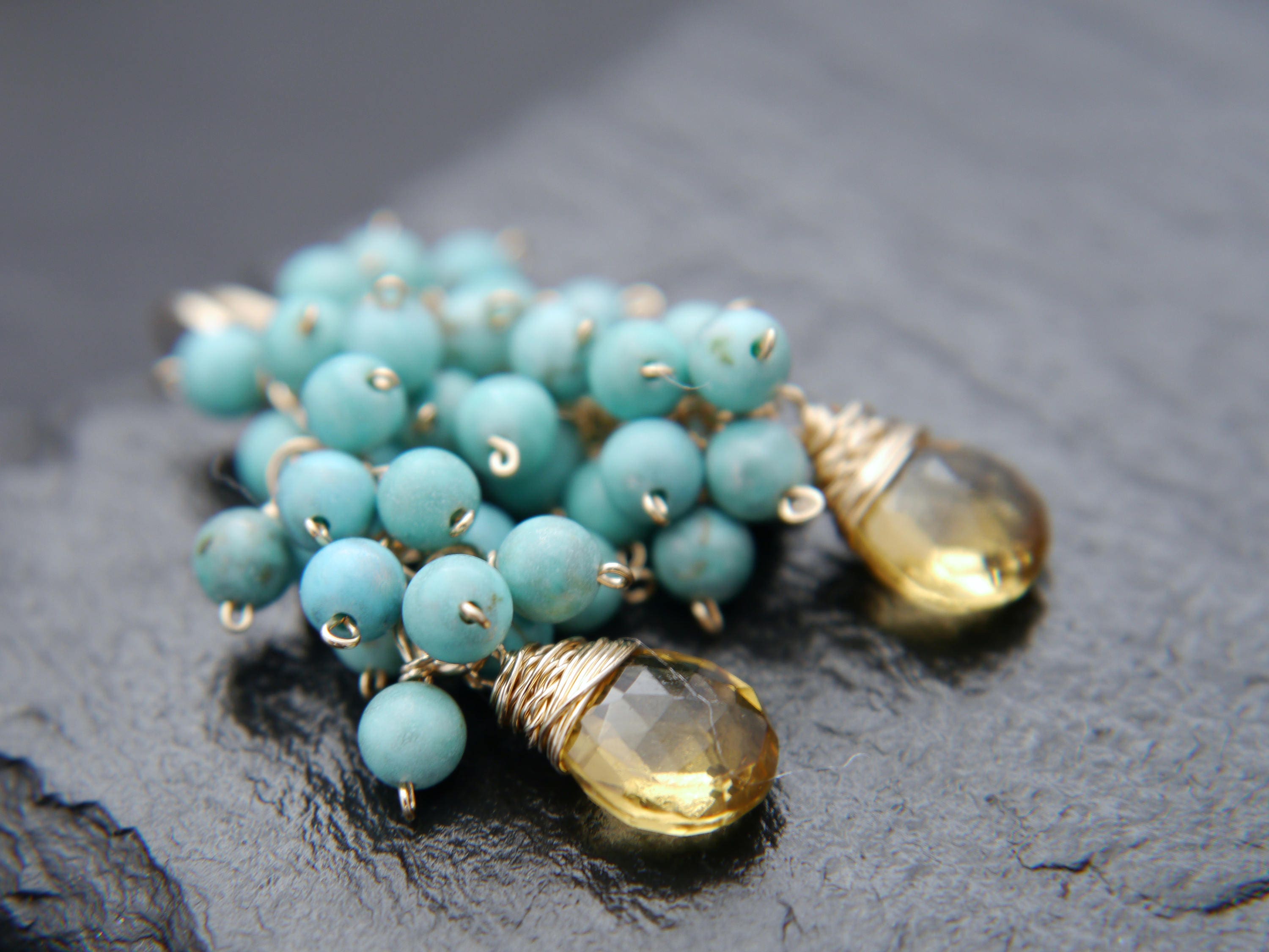 Beer Quartz Turquoise Magnesite Cluster, Gemstone Earrings, 14K Gold Filled Bohemian Jewelry